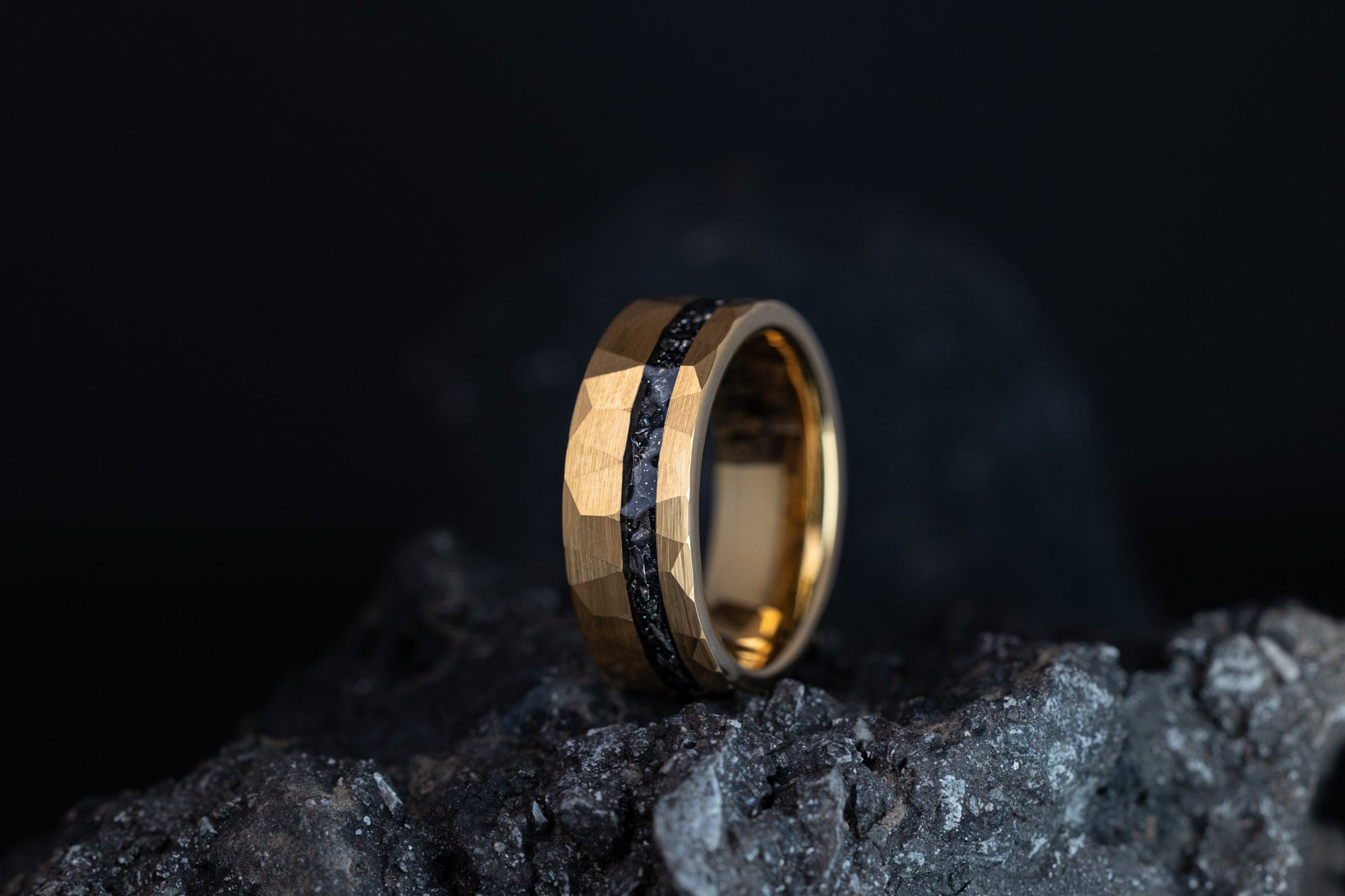 Gold Meteorite Ring, Hammered Gold Meteorite Wedding Band for Men, Gold Meteor Ring, Hammered Gold Meteorite Ring, 8mm