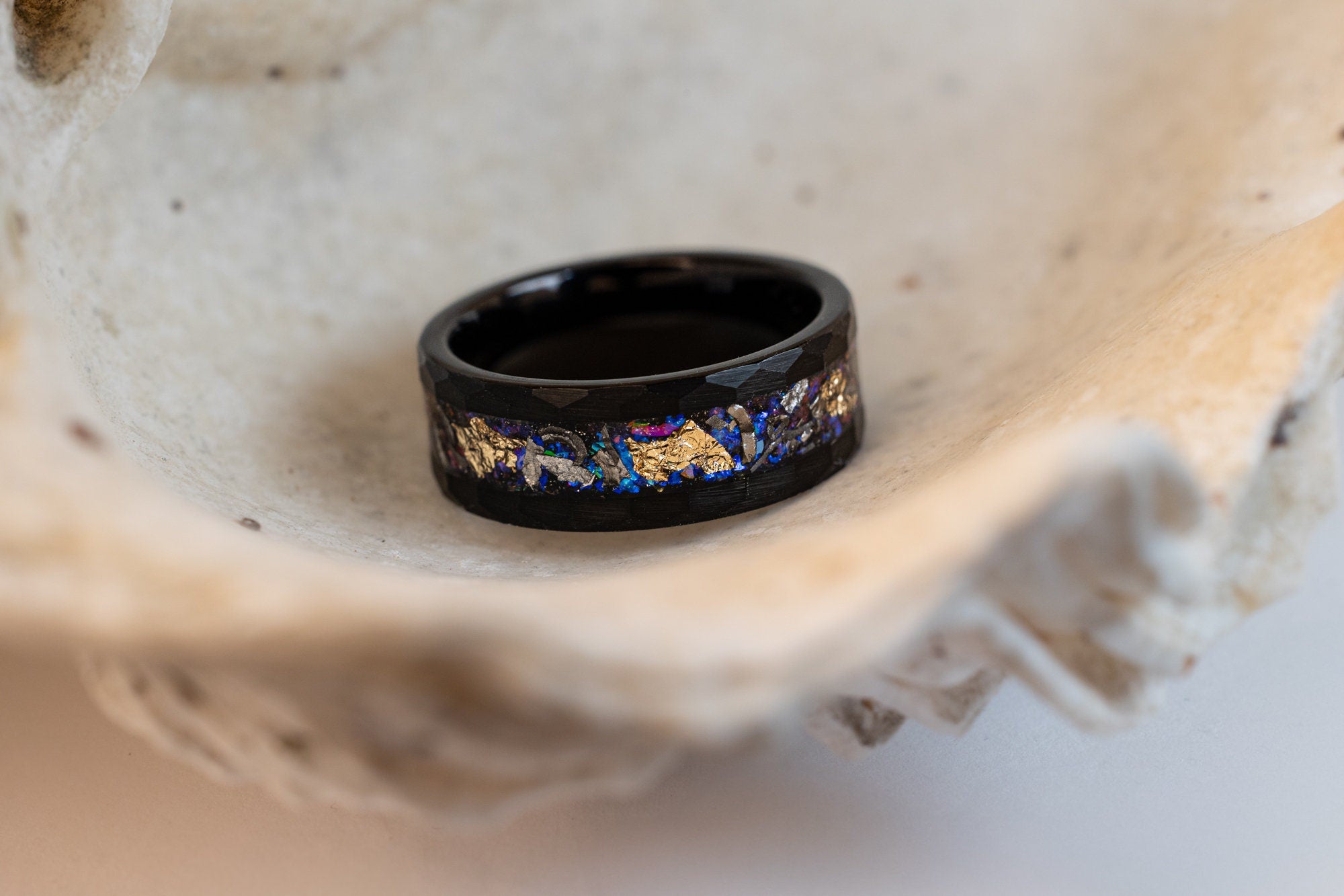 Space Galaxy & Gold Leaf Ring, Meteorite and Gold Leaf Ring, Meteorite Band, Meteorite and Gold Leaf Ring, Hammered Band, 8mm