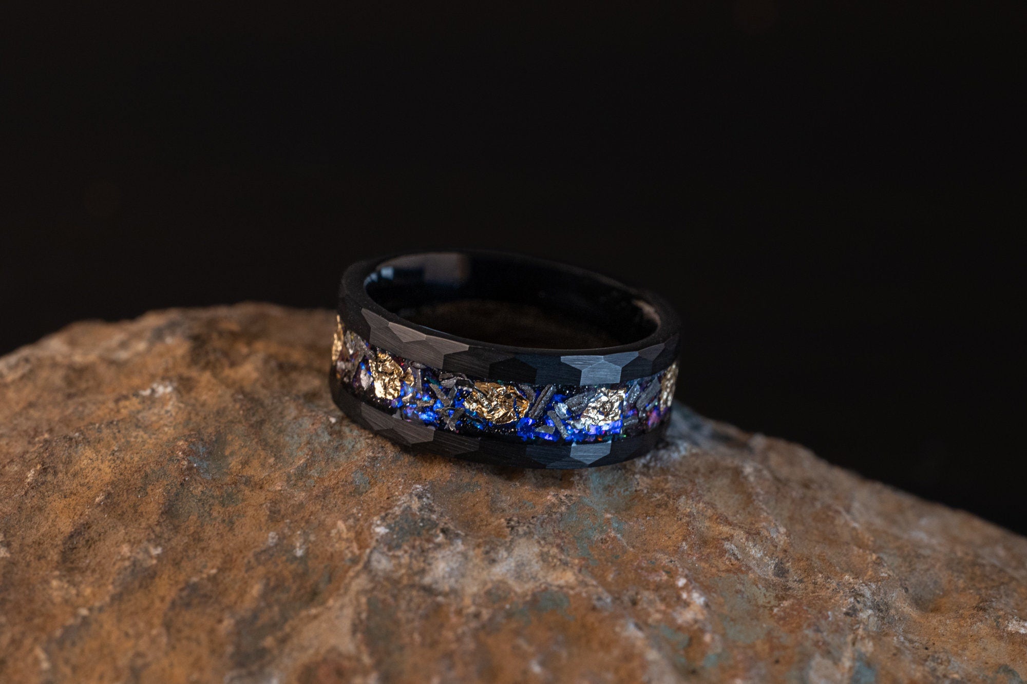 Space Galaxy & Gold Leaf Ring, Meteorite and Gold Leaf Ring, Meteorite Band, Meteorite and Gold Leaf Ring, Hammered Band, 8mm