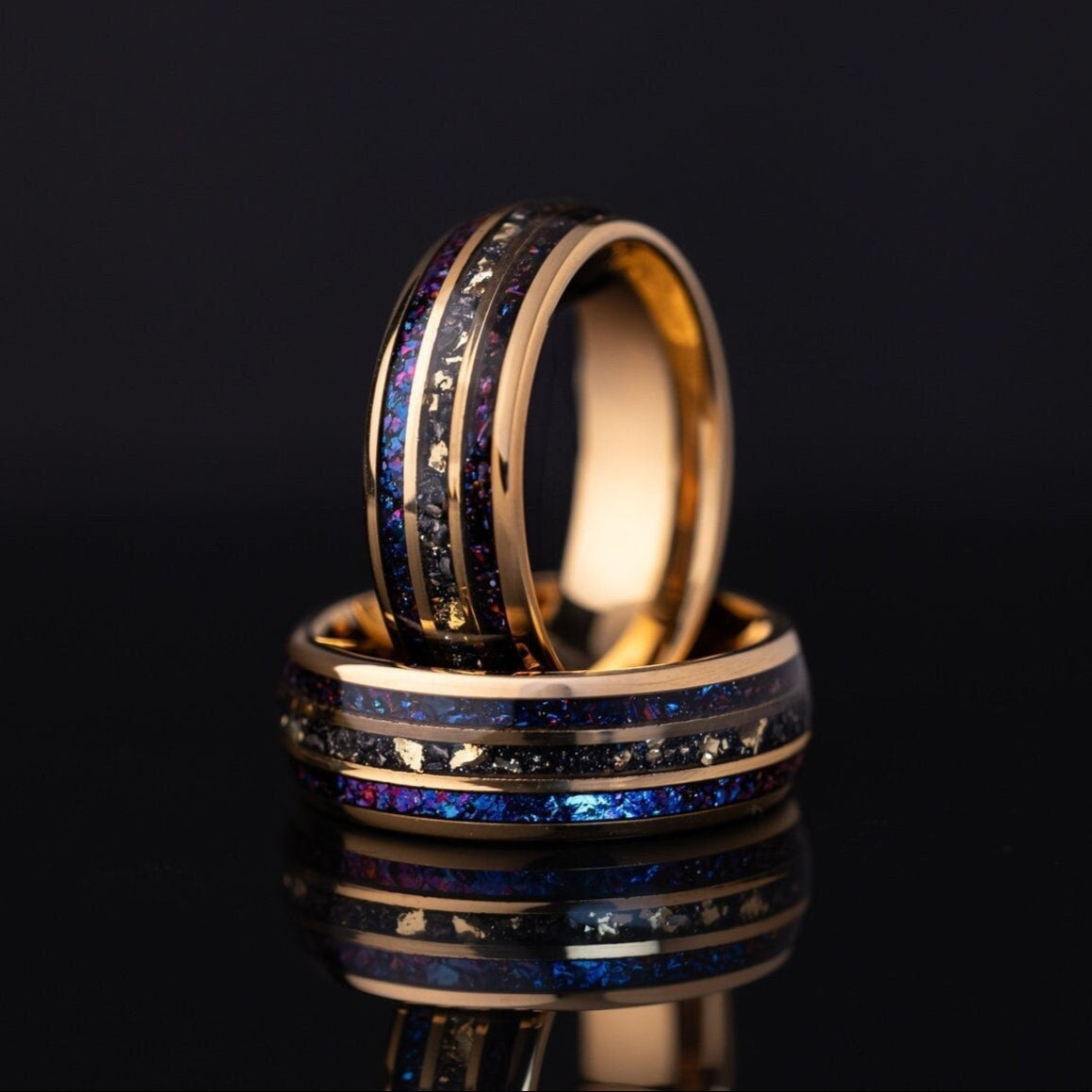 Space Galaxy & Meteorite and Crushed Gold Leaf Ring, Meteorite and Gold Leaf Ring, Galaxy and Meteorite Ring, Meteorite Wedding Band, 8mm
