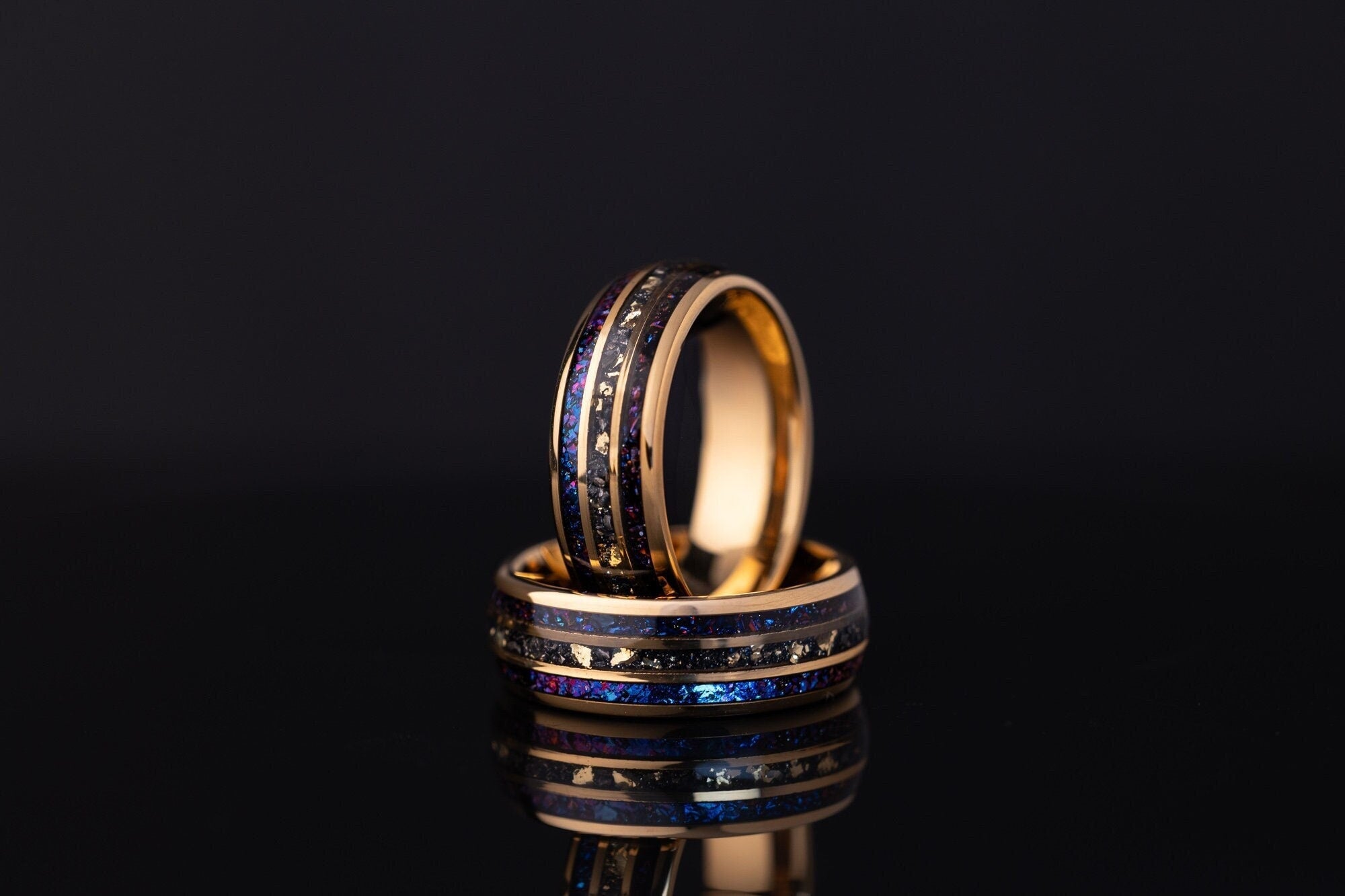 Space Galaxy & Meteorite and Crushed Gold Leaf Ring, Meteorite and Gold Leaf Ring, Galaxy and Meteorite Ring, Meteorite Wedding Band, 8mm