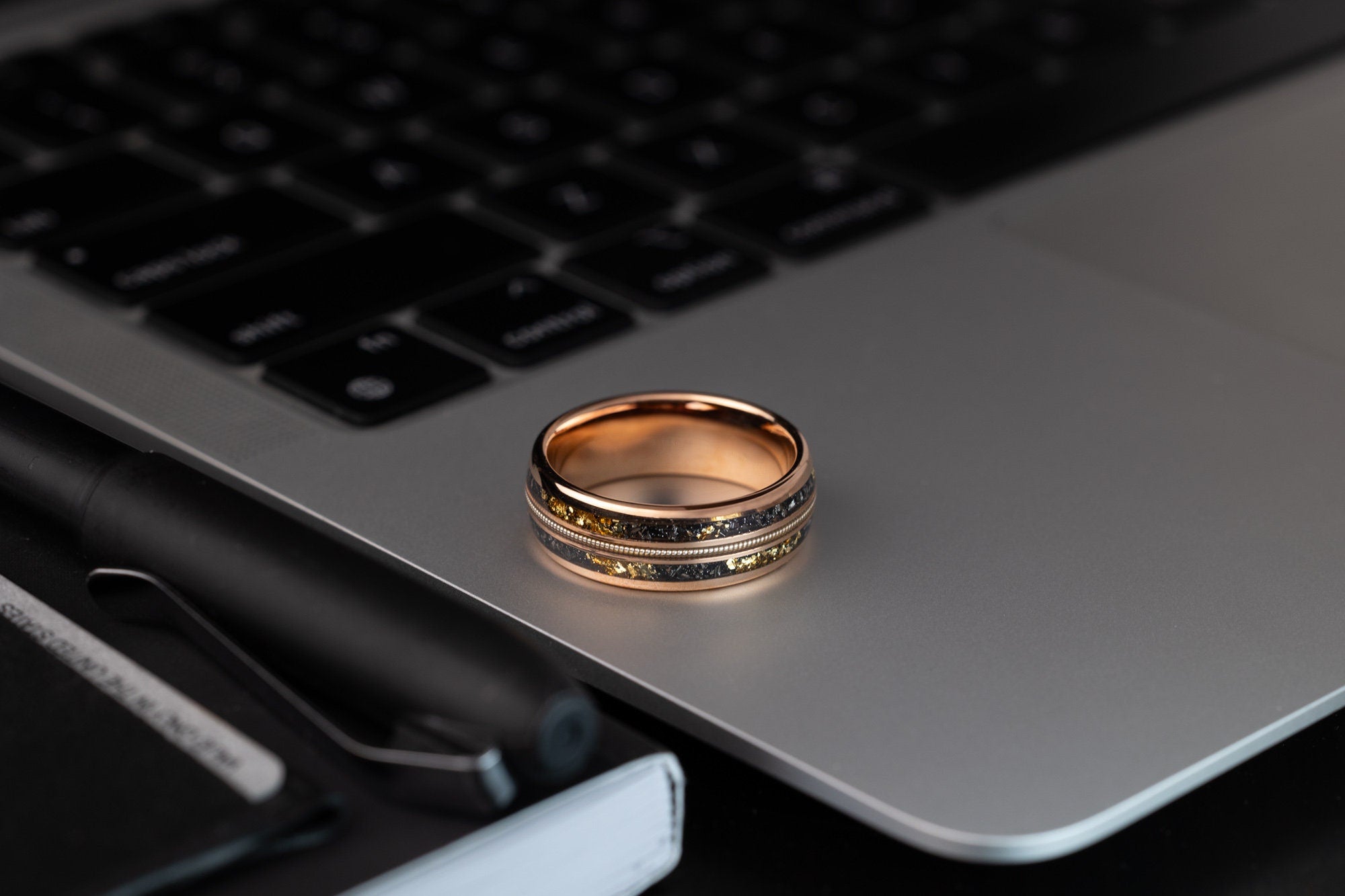 Meteorite with Gold Leaf & Guitar String, Rose Gold Band, Meteorite and Guitar String, Gold Leaf and Meteor, Wedding Ring, 8mm