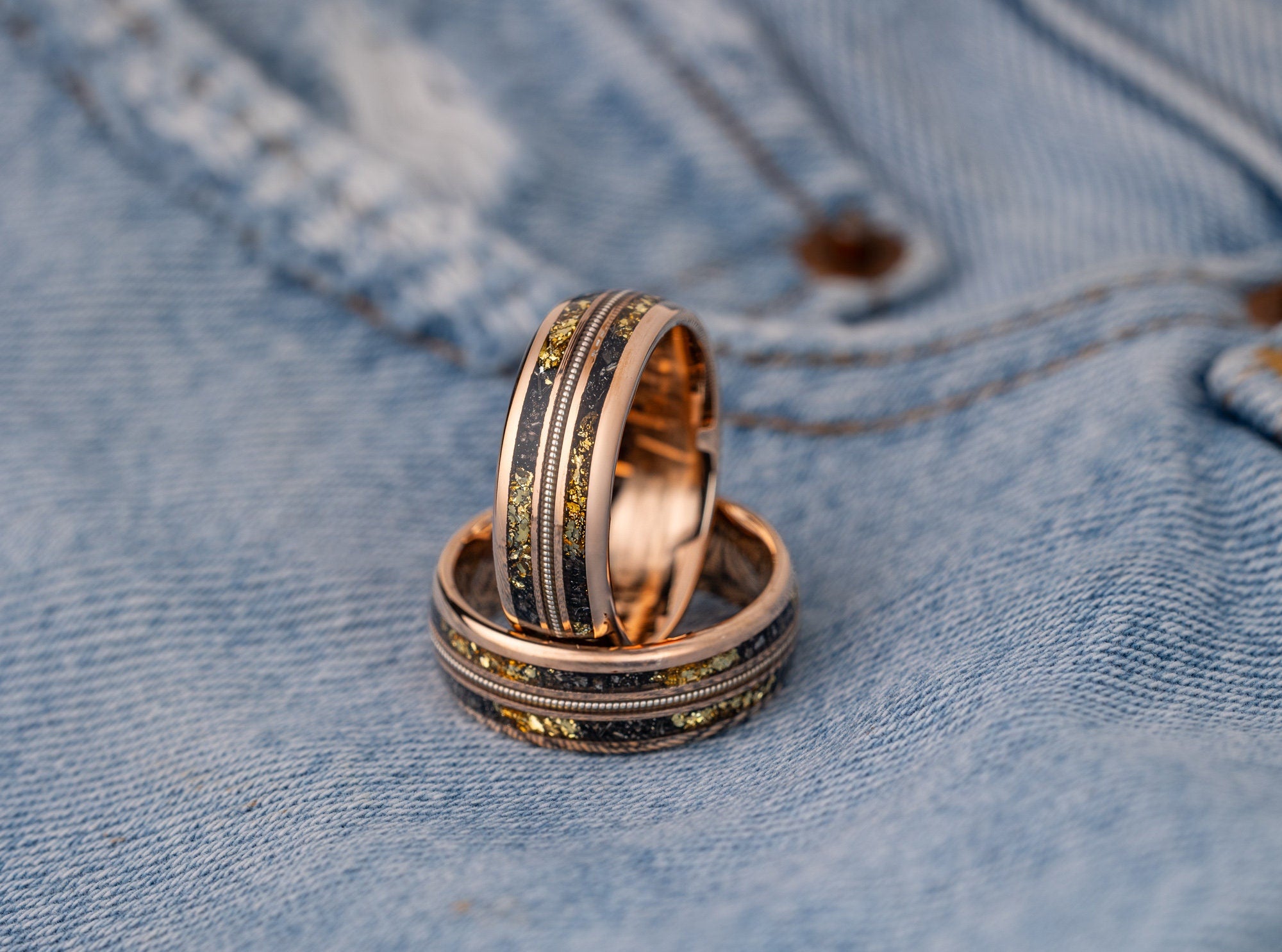 Meteorite with Gold Leaf & Guitar String, Rose Gold Band, Meteorite and Guitar String, Gold Leaf and Meteor, Wedding Ring, 8mm