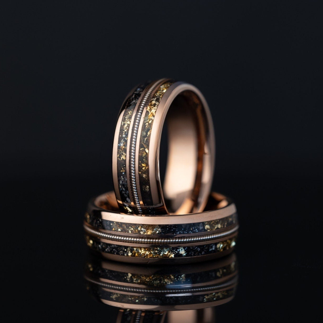 Meteorite with Gold Leaf & Guitar String, Rose Gold Band, Meteorite and Guitar String, Gold Leaf and Meteor, Wedding Ring, 8mm