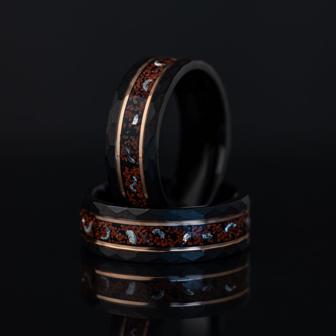 Dinosaur Stone & Meteorite Ring, Dinosaur Stone, Meteorite Ring, Black Tungsten Hammered Ring with Rose Gold inlay, 8mm