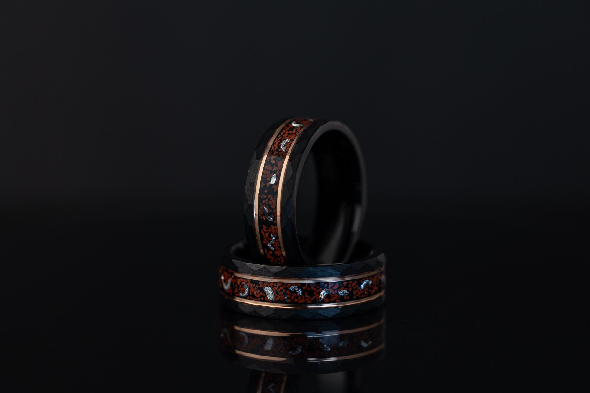 Dinosaur Stone & Meteorite Ring, Dinosaur Stone, Meteorite Ring, Black Tungsten Hammered Ring with Rose Gold inlay, 8mm