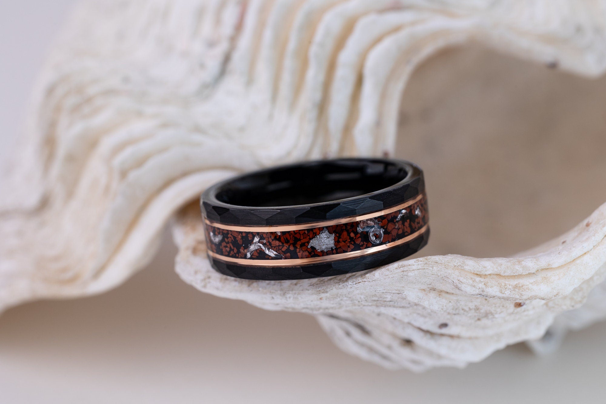 Dinosaur Stone & Meteorite Ring, Dinosaur Stone, Meteorite Ring, Black Tungsten Hammered Ring with Rose Gold inlay, 8mm