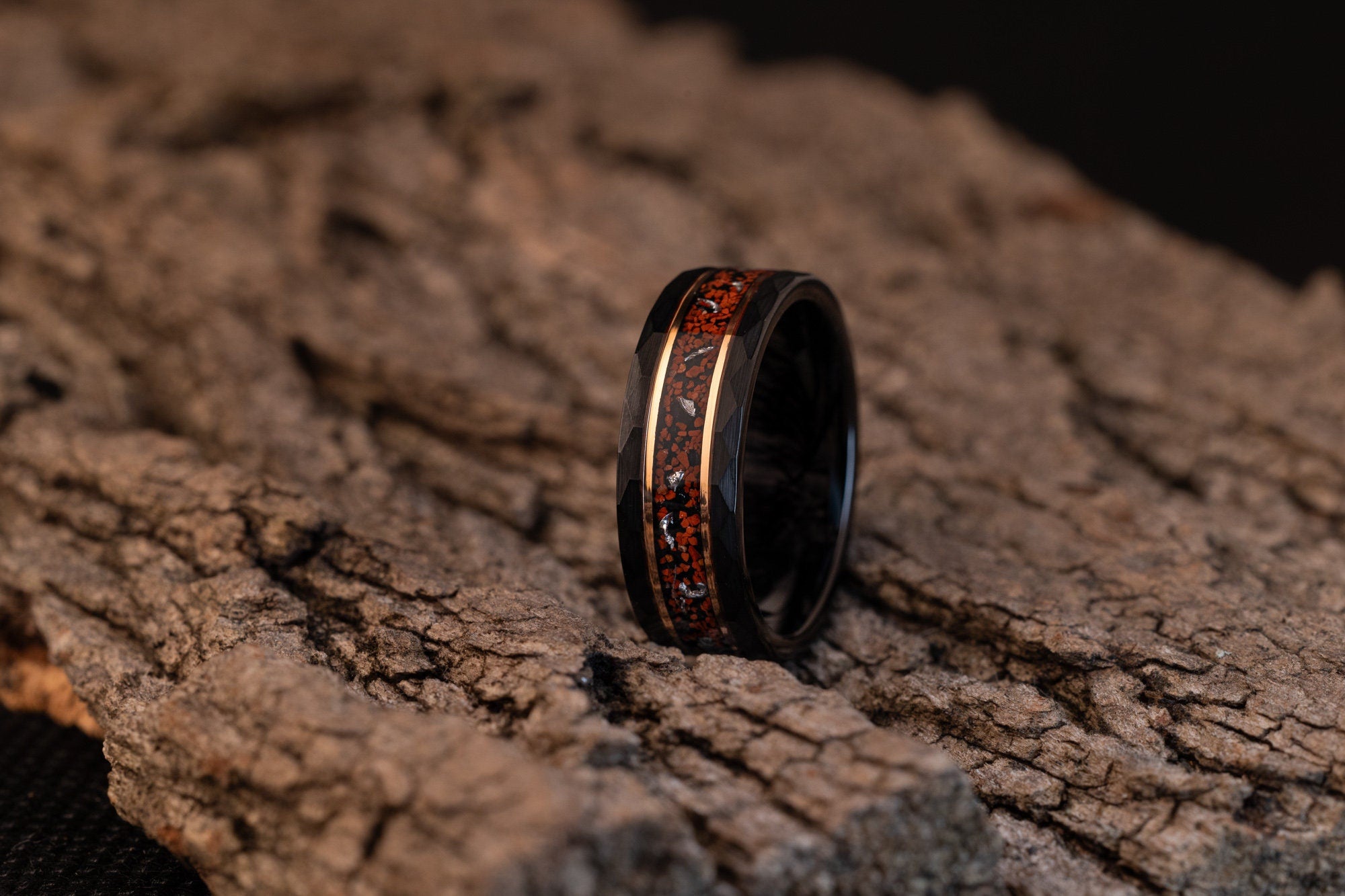 Dinosaur Stone & Meteorite Ring, Dinosaur Stone, Meteorite Ring, Black Tungsten Hammered Ring with Rose Gold inlay, 8mm