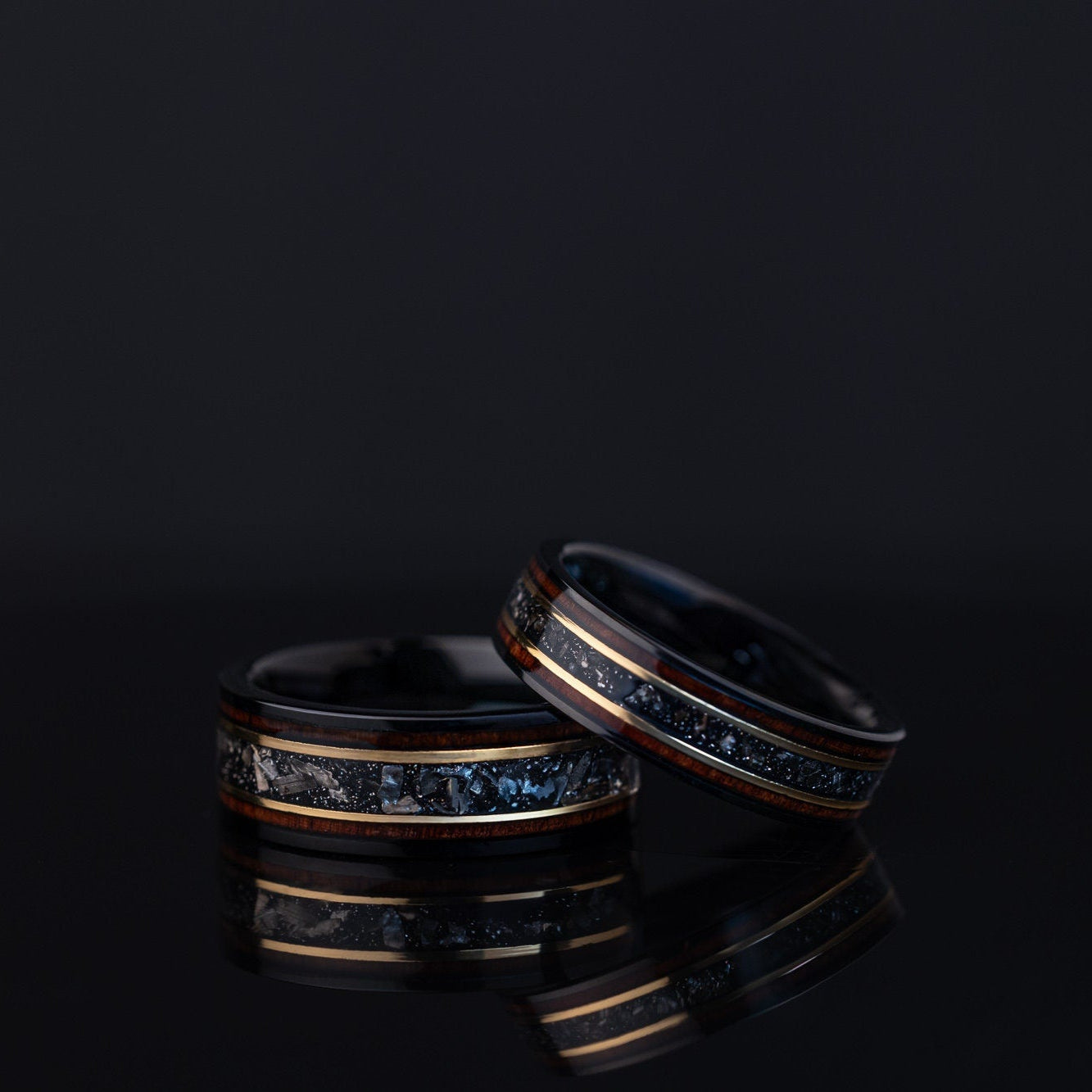 Burnt Whiskey Barrel Ring with Meteorite, His and Hers Meteorite Band, Couples Set Wedding Ring, Couples Wood Ring, Couples Set Band