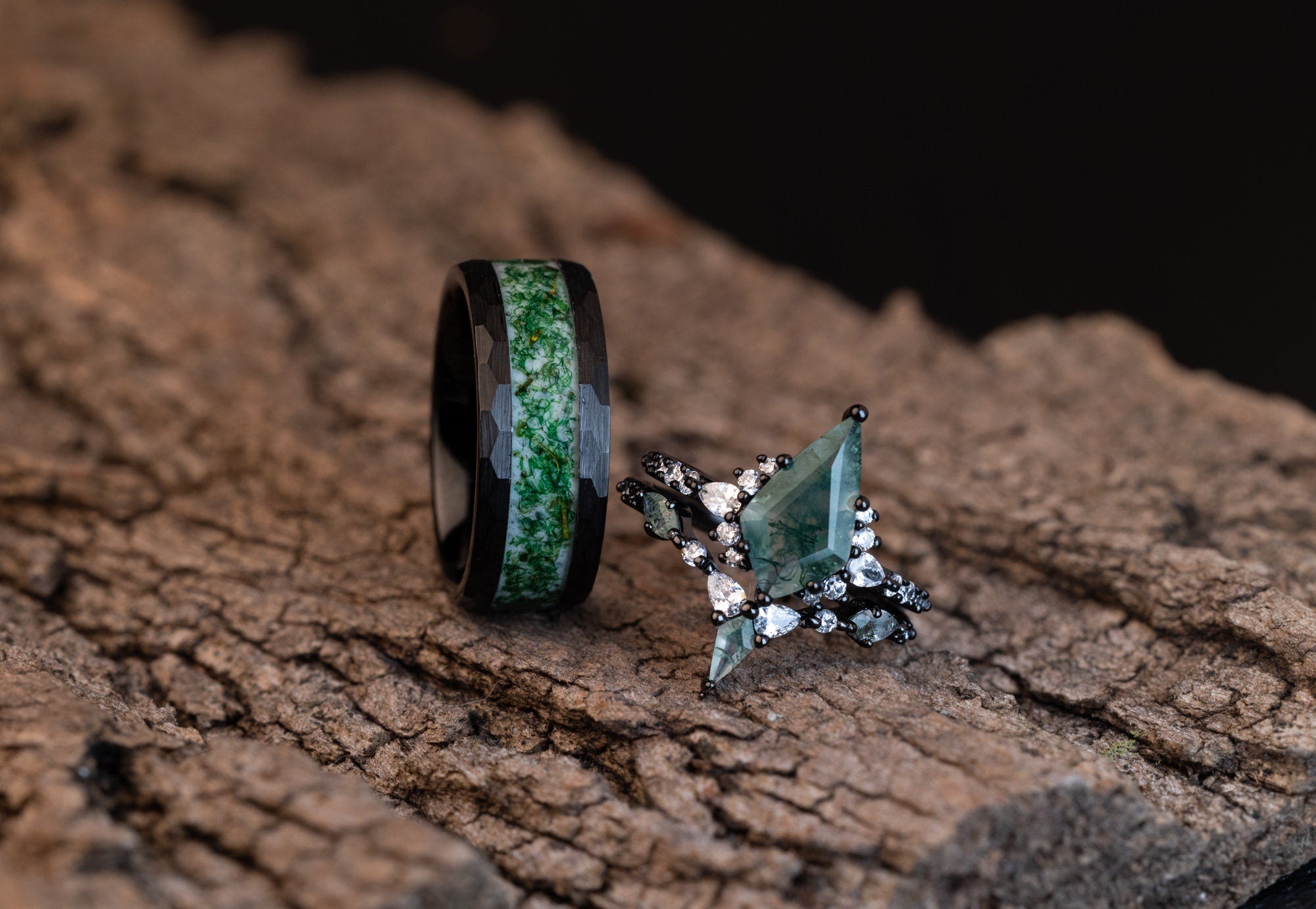 Moss Agate Ring Set, Moss Agate Couples Ring Set, His and Hers Moss Agate Rings, Couples Set Wedding Bands, Matching Rings Set