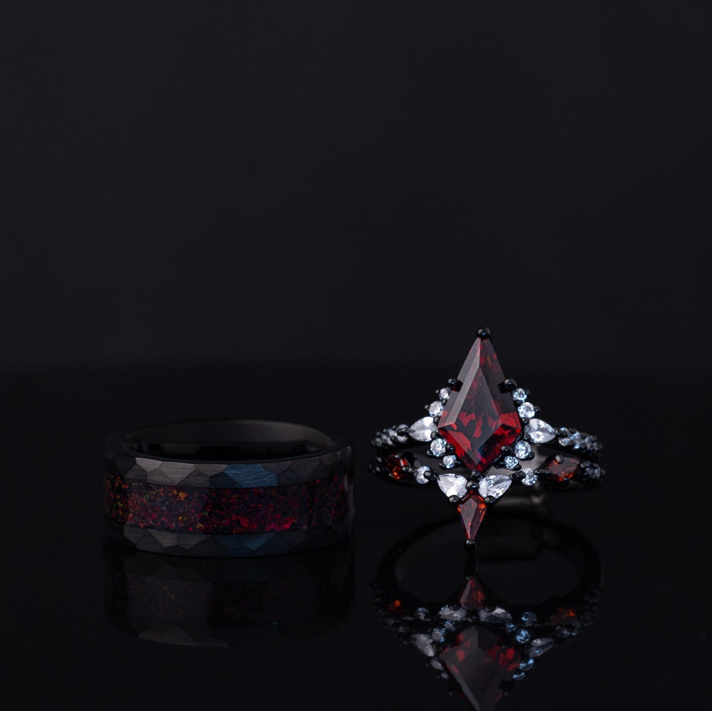 Garnet Ring & Crushed Black Fire Opal Ring Set, Garnet Ring for Her, Fire Opal Ring for Him, His and Hers Rings, Matching Rings Set