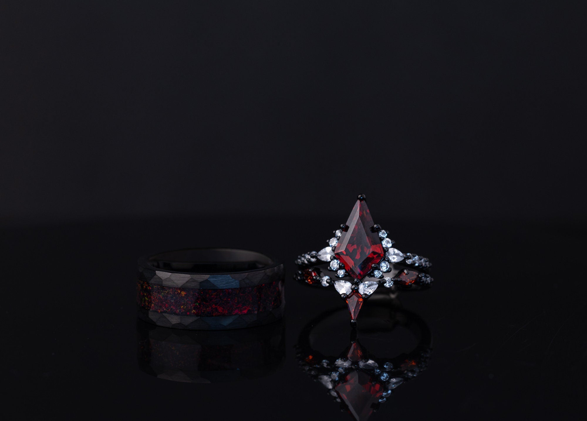 Garnet Ring & Crushed Black Fire Opal Ring Set, Garnet Ring for Her, Fire Opal Ring for Him, His and Hers Rings, Matching Rings Set