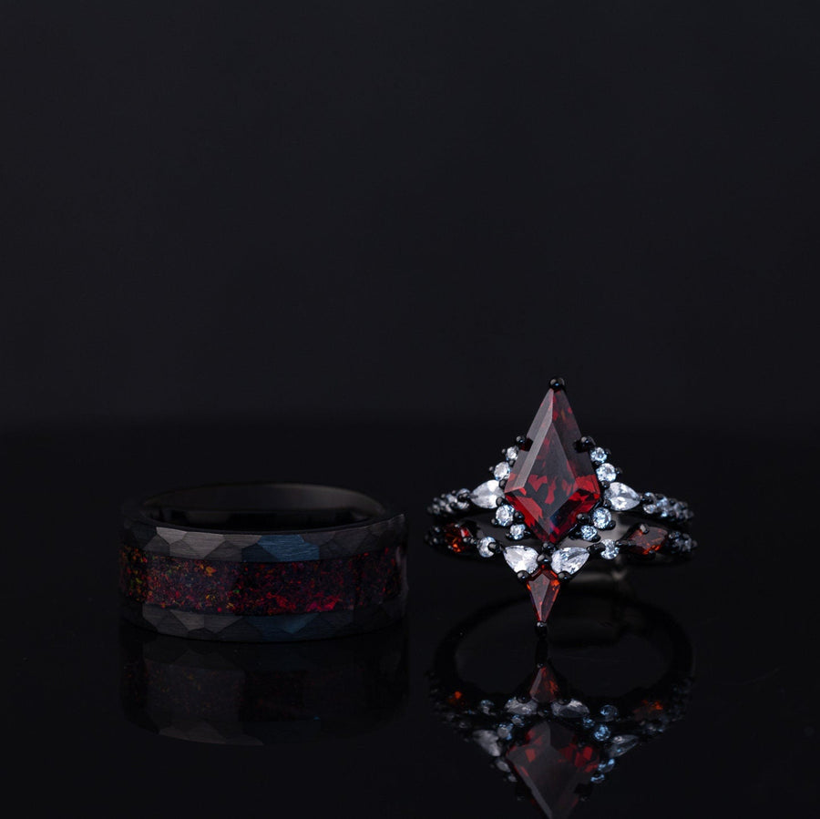 Skyfire - Garnet Ring & Crushed Black Fire Opal Ring Set, Matching Rings Set
