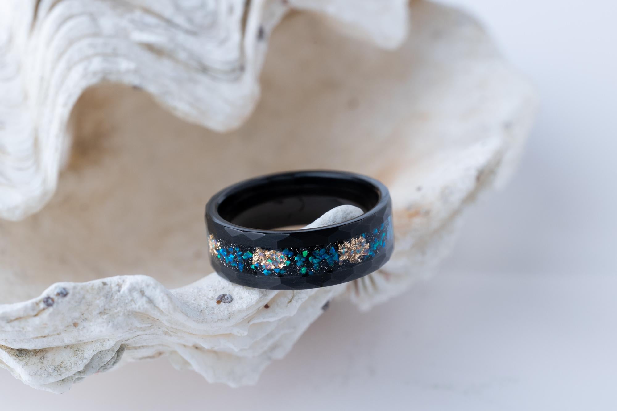 Opal & Gold Leaf Ring, Meteorite and Gold Leaf Ring, MIxed Opal Band, Meteorite and Gold Leaf Ring, Hammered Opal Band, Tungsten Ring, 8mm