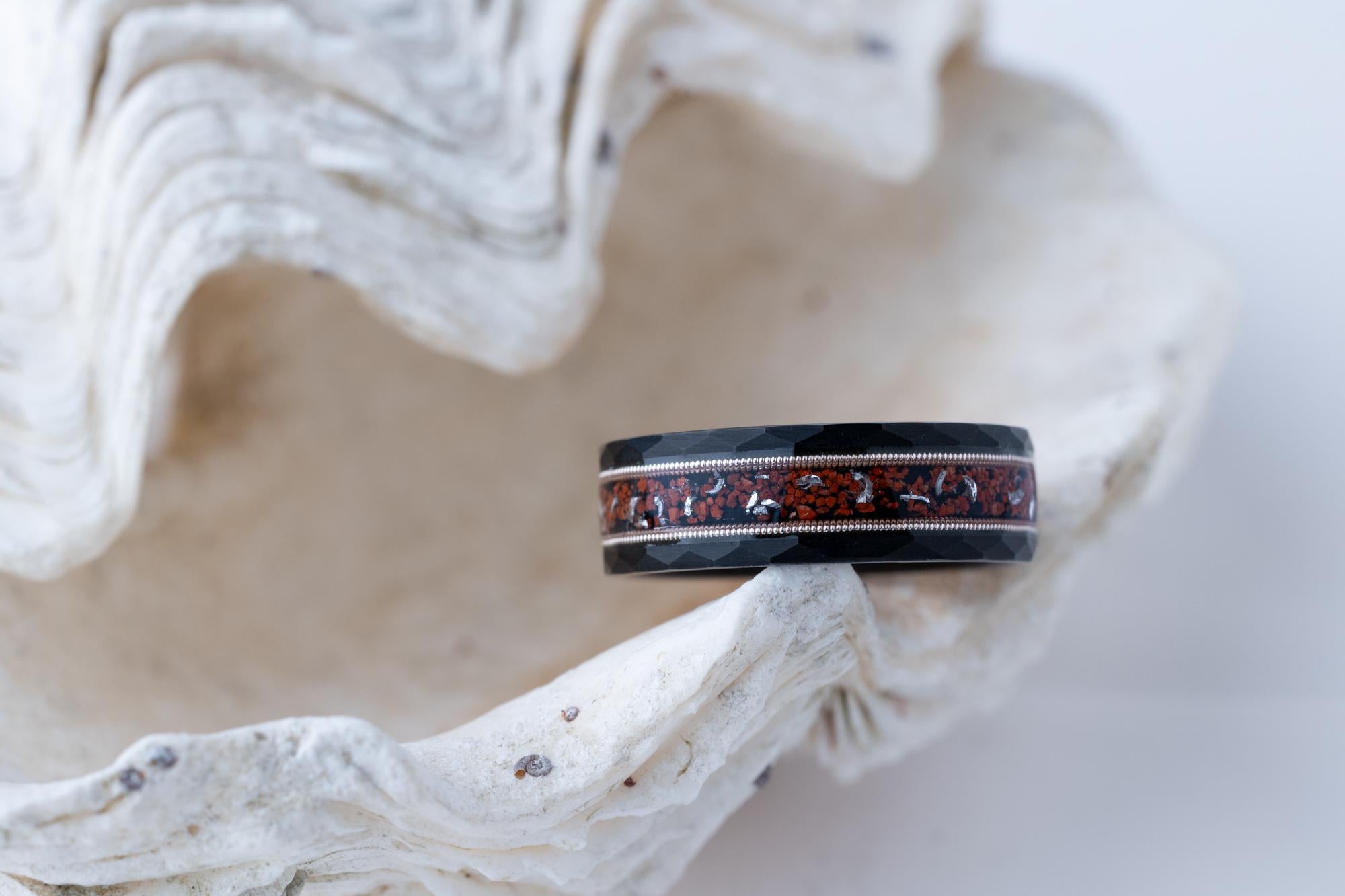 Dinosaur Stone & Meteorite and Guitar String Ring, Dinosaur Stone, Meteorite Ring, Guitar String Band, Dinosaur Stone Hammered Ring, 8mm