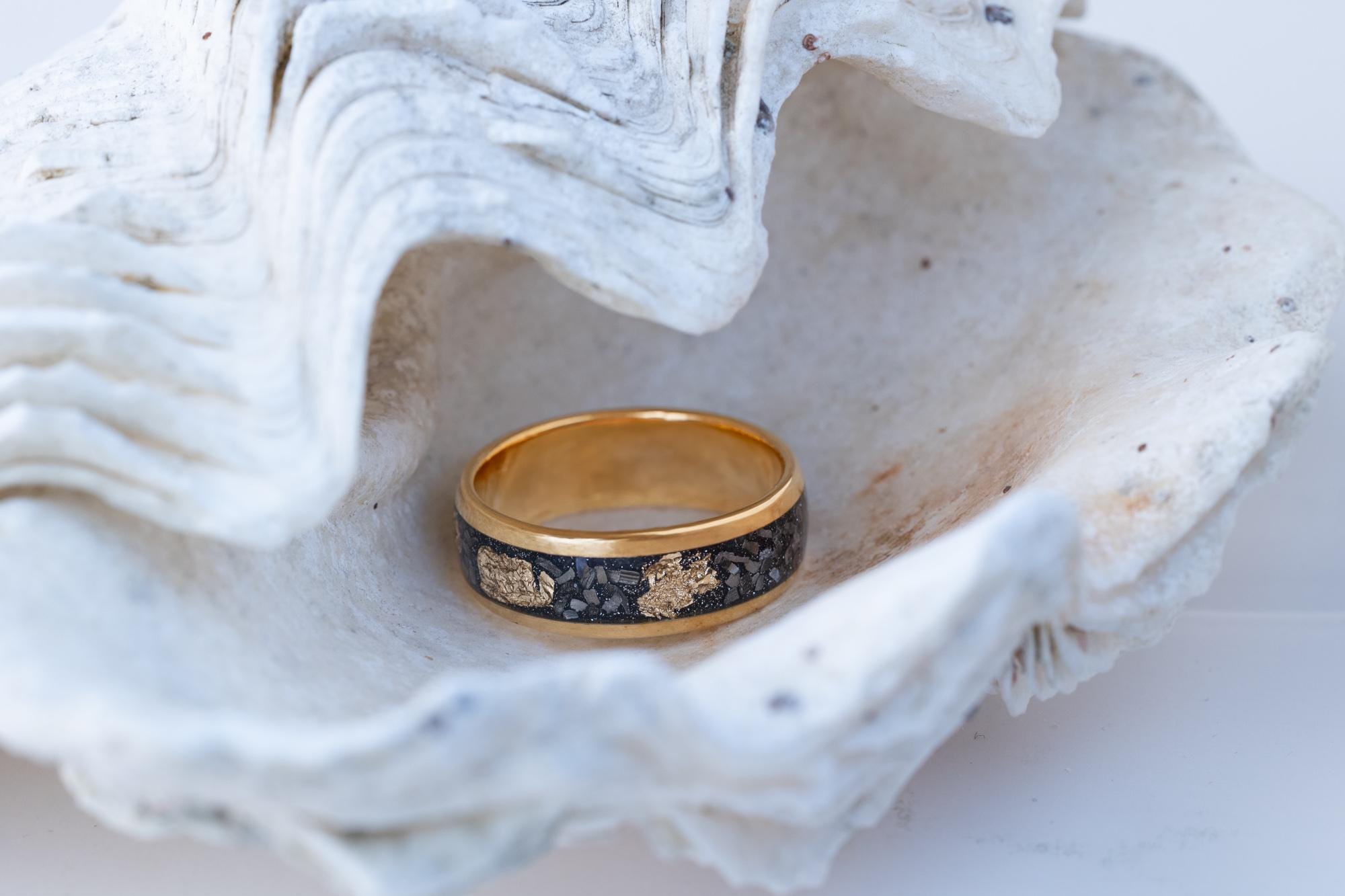 Meteorite & Gold Leaf Ring, Meteorite and Gold Leaf Band, Gold Leaf and Meteor Ring, Meteorite Wedding Ring, 24k Gold Plated Band, 8mm