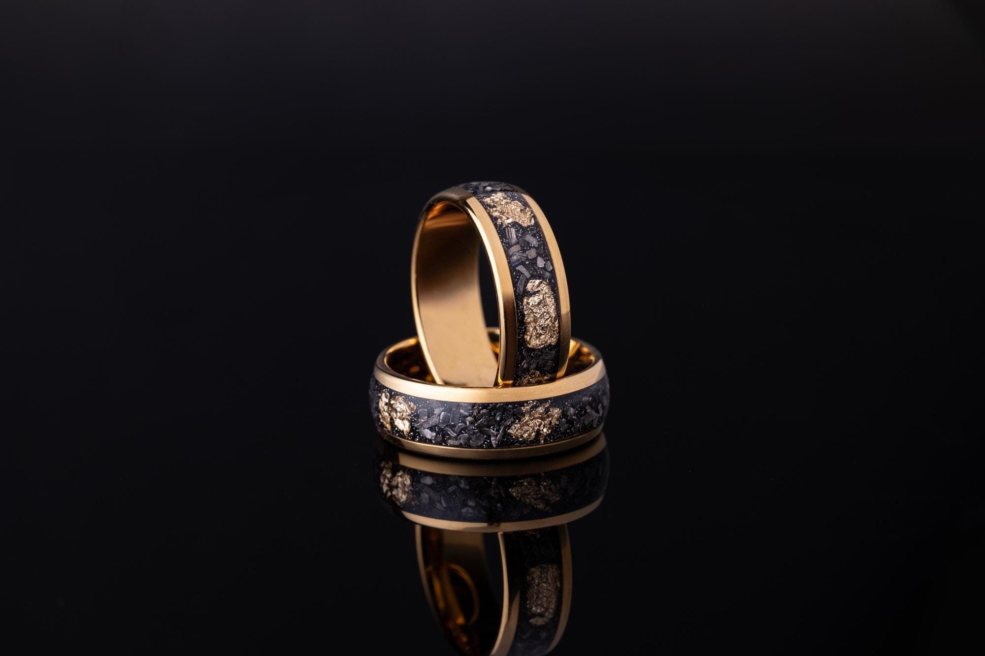 Meteorite & Gold Leaf Ring, Meteorite and Gold Leaf Band, Gold Leaf and Meteor Ring, Meteorite Wedding Ring, 24k Gold Plated Band, 8mm