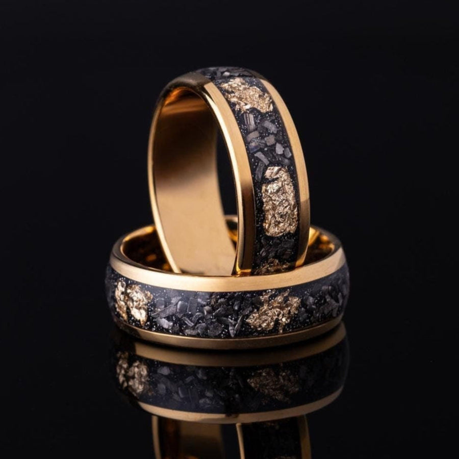 Golden Night - Meteorite & Gold Leaf Ring, 24k Gold Plated Band, 8mm Width
