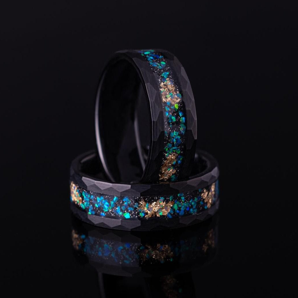 Opal & Gold Leaf Ring, Meteorite and Gold Leaf Ring, MIxed Opal Band, Meteorite and Gold Leaf Ring, Hammered Opal Band, Tungsten Ring, 8mm