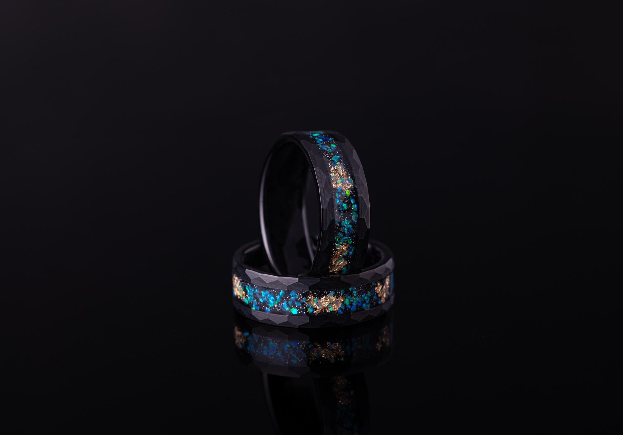 Opal & Gold Leaf Ring, Meteorite and Gold Leaf Ring, MIxed Opal Band, Meteorite and Gold Leaf Ring, Hammered Opal Band, Tungsten Ring, 8mm