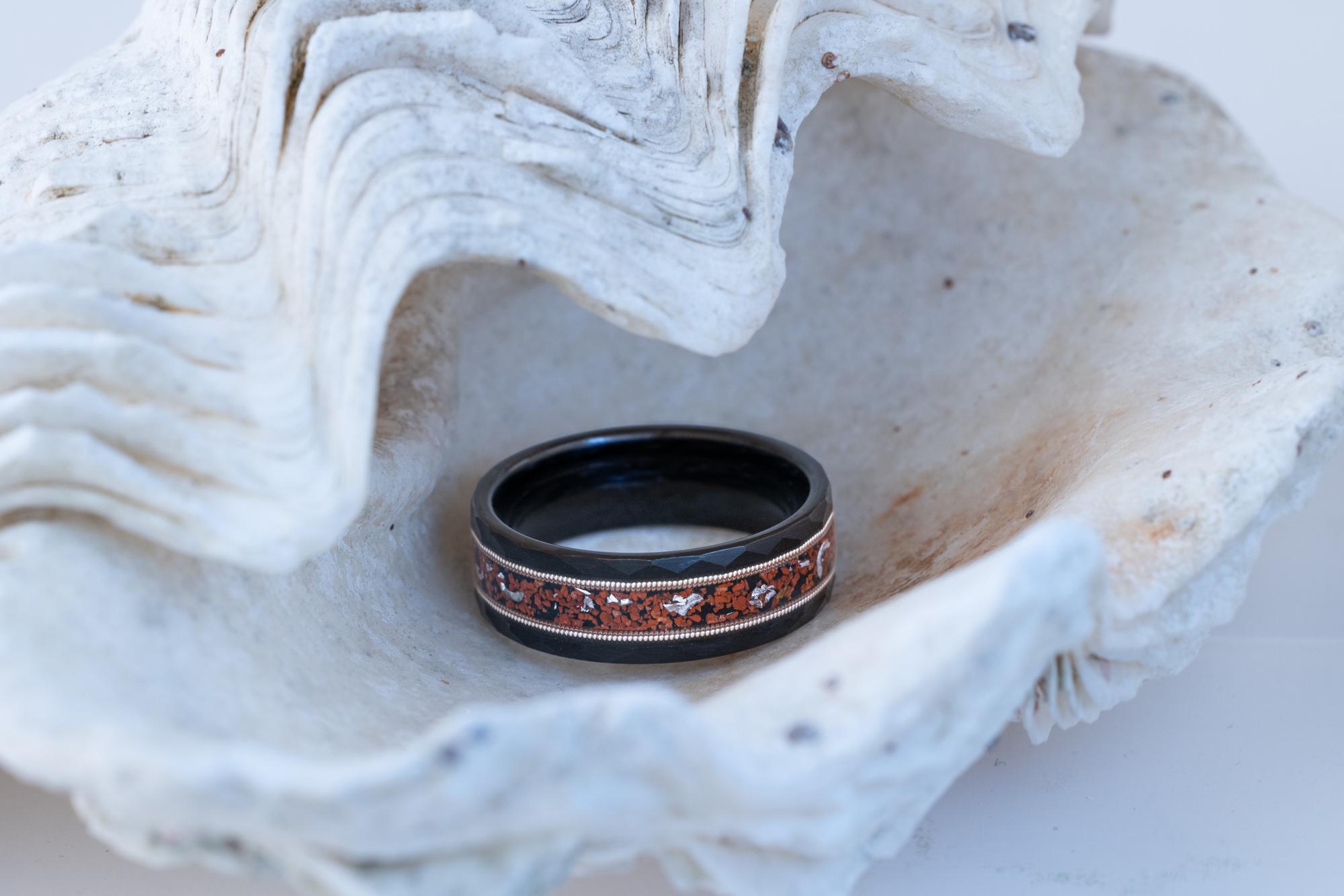 Dinosaur Stone & Meteorite and Guitar String Ring, Dinosaur Stone, Meteorite Ring, Guitar String Band, Dinosaur Stone Hammered Ring, 8mm