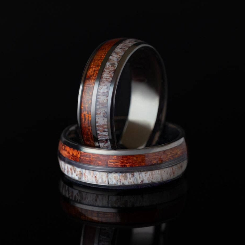 Deer Antler Ring, Wood Ring, Antler & Whiskey Barrel Wood Ring, Deer Wedding Band, Wood Ring for Men, Wood and Antler Ring, 8mm Ring