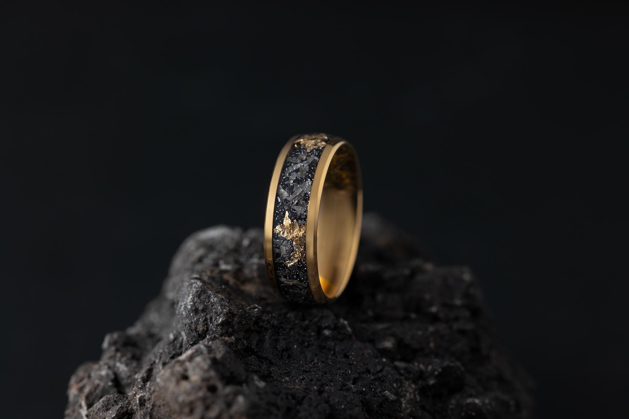 Meteorite & Gold Leaf Ring, Meteorite and Gold Leaf Band, Gold Leaf and Meteor Ring, Meteorite Wedding Ring, 24k Gold Plated Band, 8mm