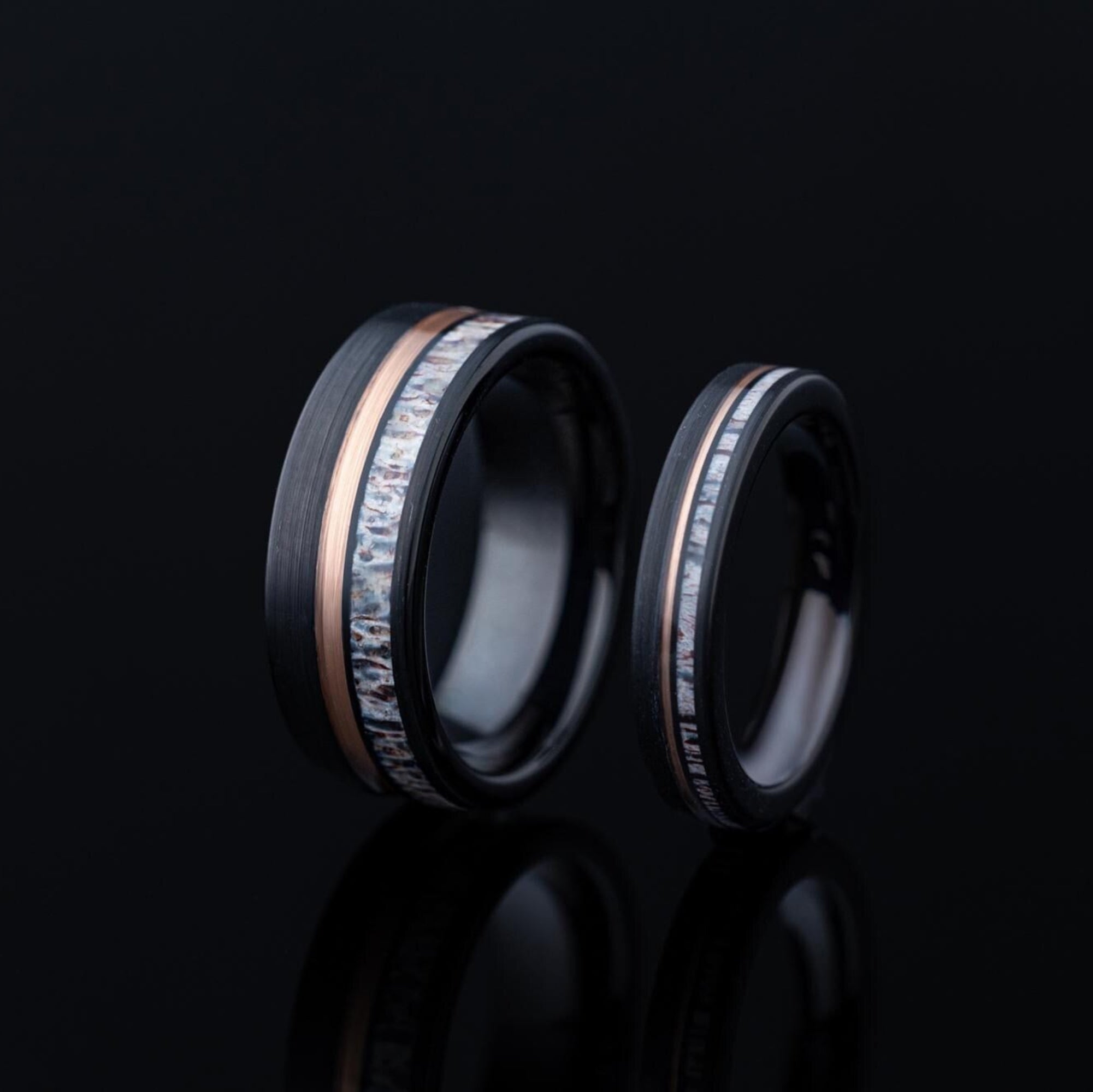 Deer Antler Couples Set, Deer Antler Ring Set, His and Hers Deer Antler Rings, Antler Black Tungsten Ring, Wedding Band, Matching Set Rings