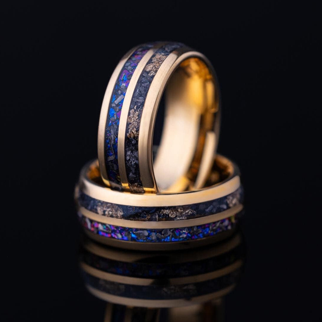 Galaxy & Meteorite Ring, Crushed Gold Leaf Ring, Man Wedding Band, Space Galaxy and Meteorite Band, Blue Galaxy Gold Leaf Band, 8mm Ring