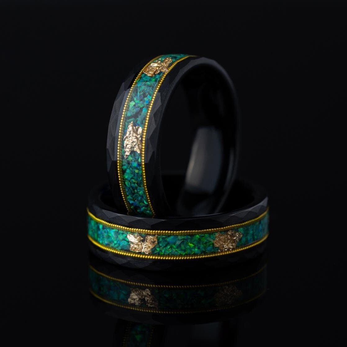 Green Opal & Guitar String Ring, Green Opal Ring, Gold Leaf Ring, Green Opal Tungsten Carbide Ring, Guitar Ring, Wedding Band, 8mm
