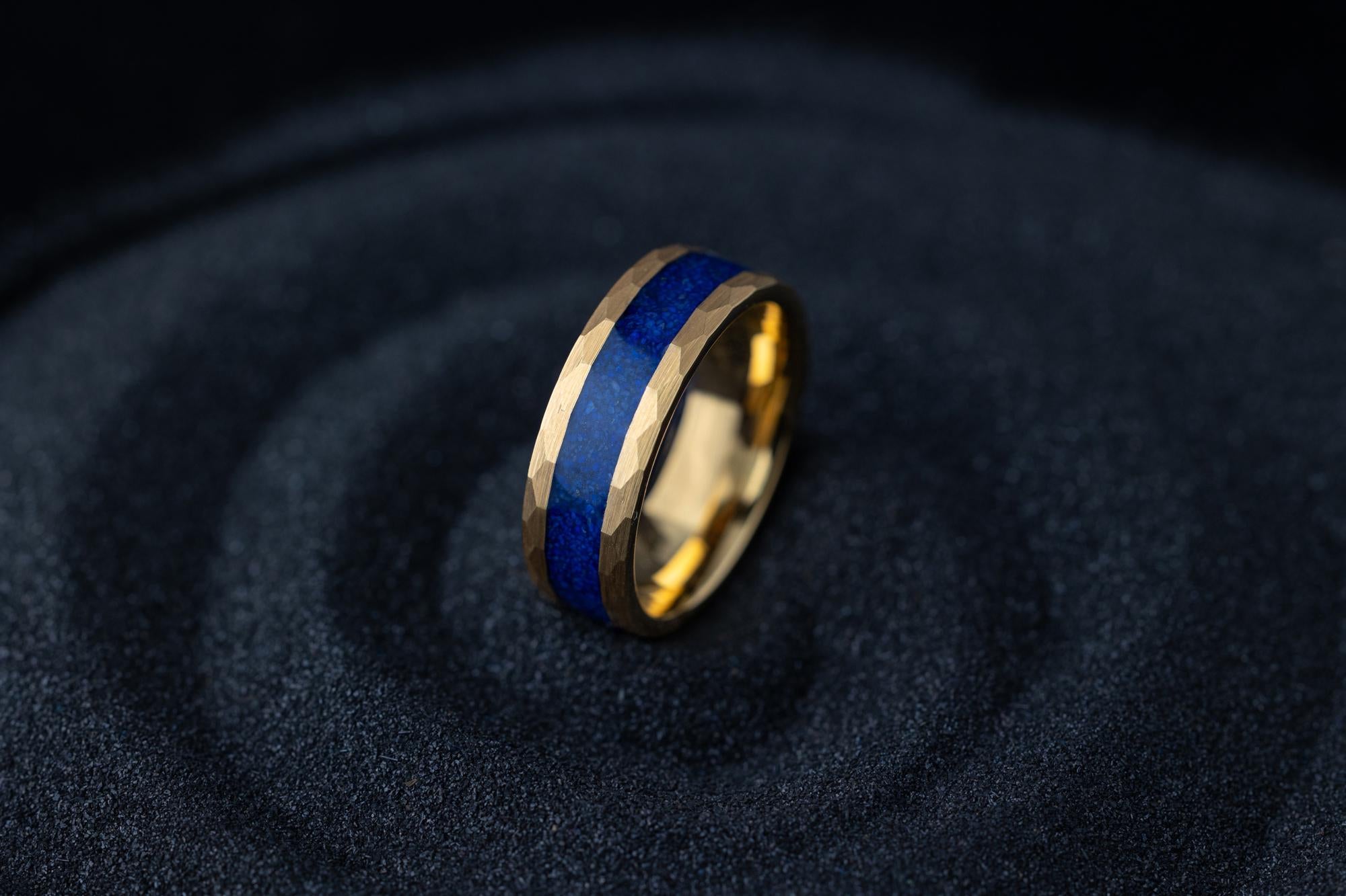 24K Gold Ring, Lapis Lazuli Tungsten Ring, Hammered Tungsten Band, Lapis Lazuli Engagement Ring, Blue Hammered Ring, Wedding Band, Ring, 8mm