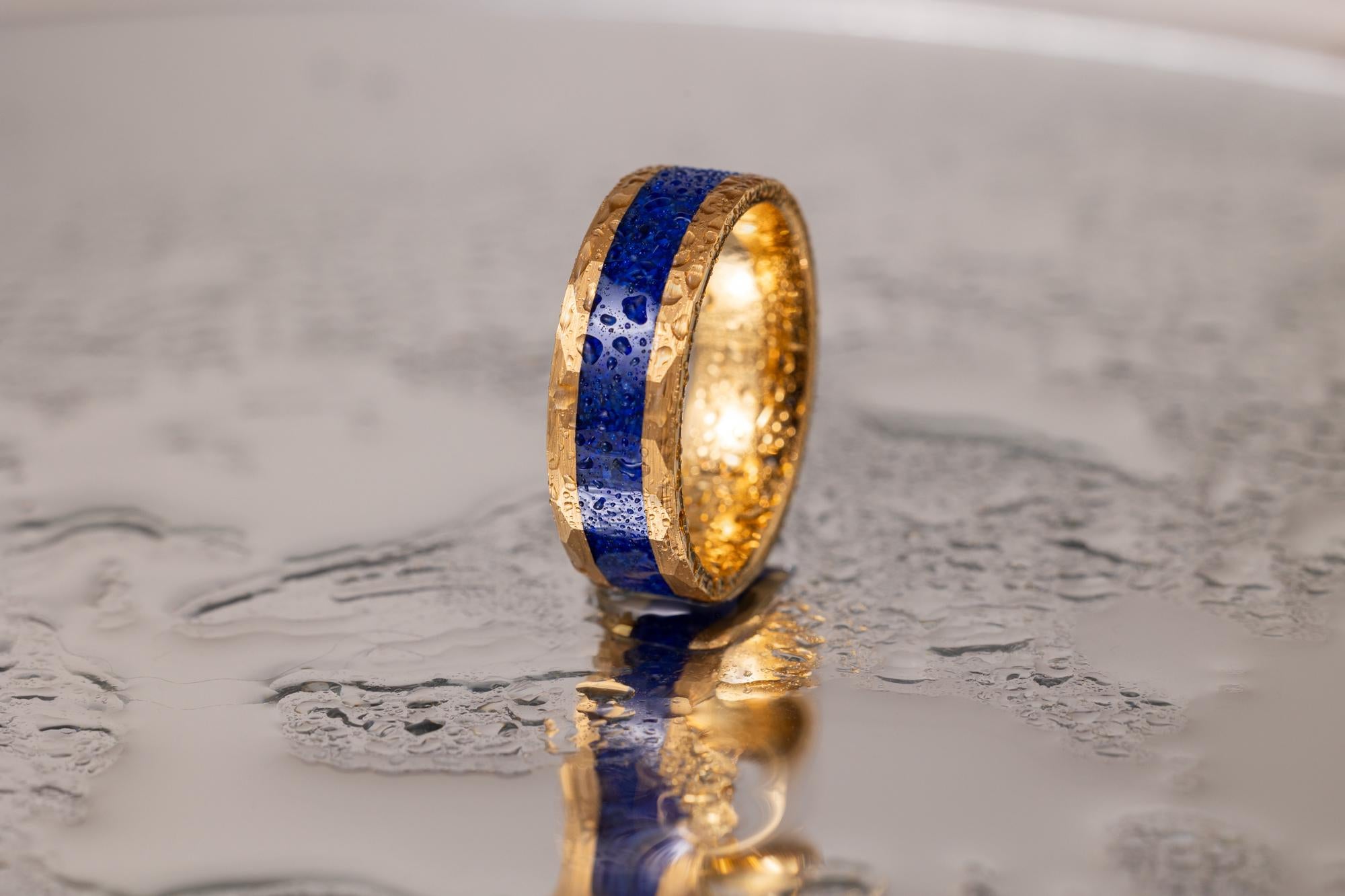 24K Gold Ring, Lapis Lazuli Tungsten Ring, Hammered Tungsten Band, Lapis Lazuli Engagement Ring, Blue Hammered Ring, Wedding Band, Ring, 8mm