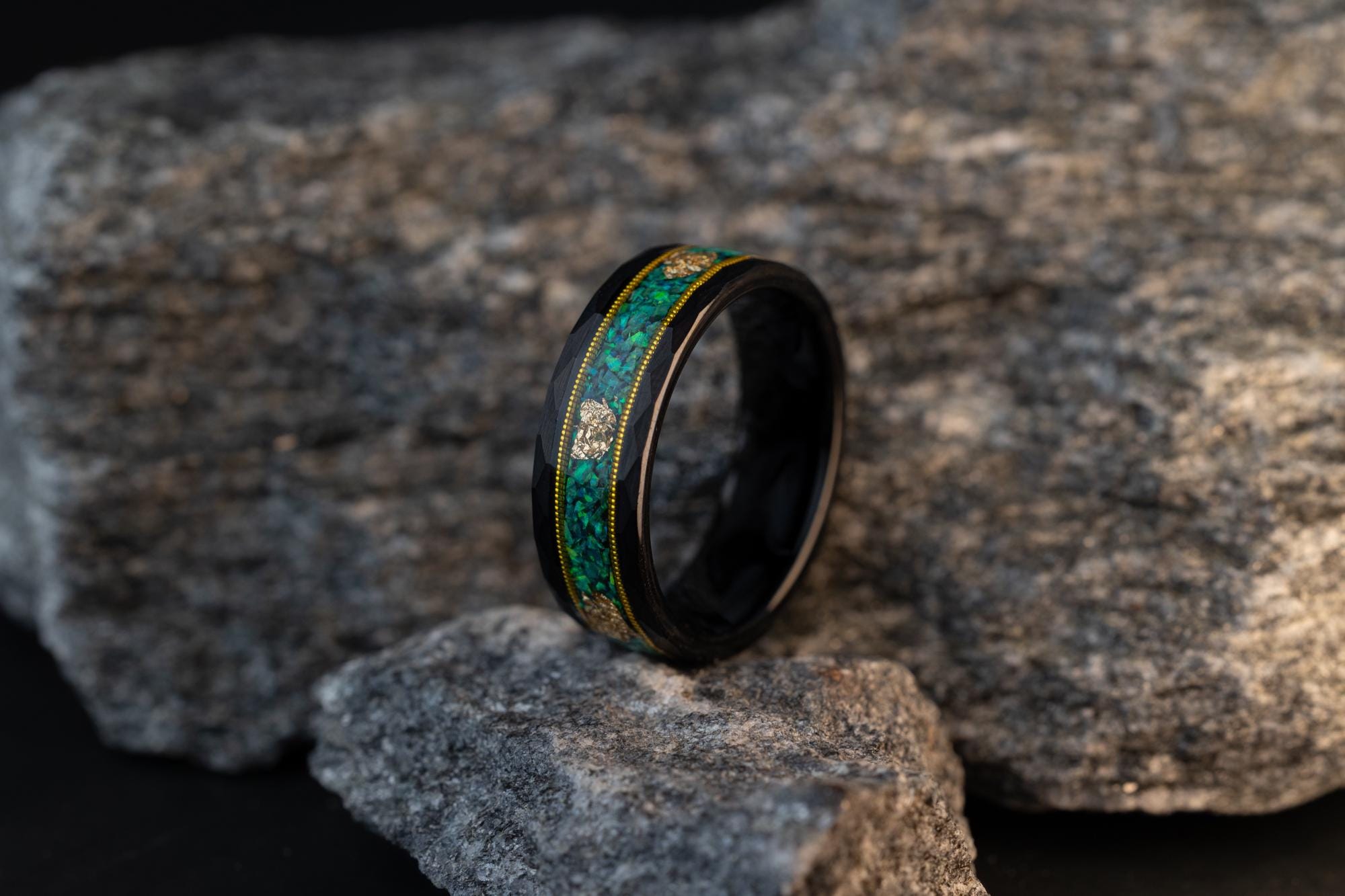 Green Opal & Guitar String Ring, Green Opal Ring, Gold Leaf Ring, Green Opal Tungsten Carbide Ring, Guitar Ring, Wedding Band, 8mm