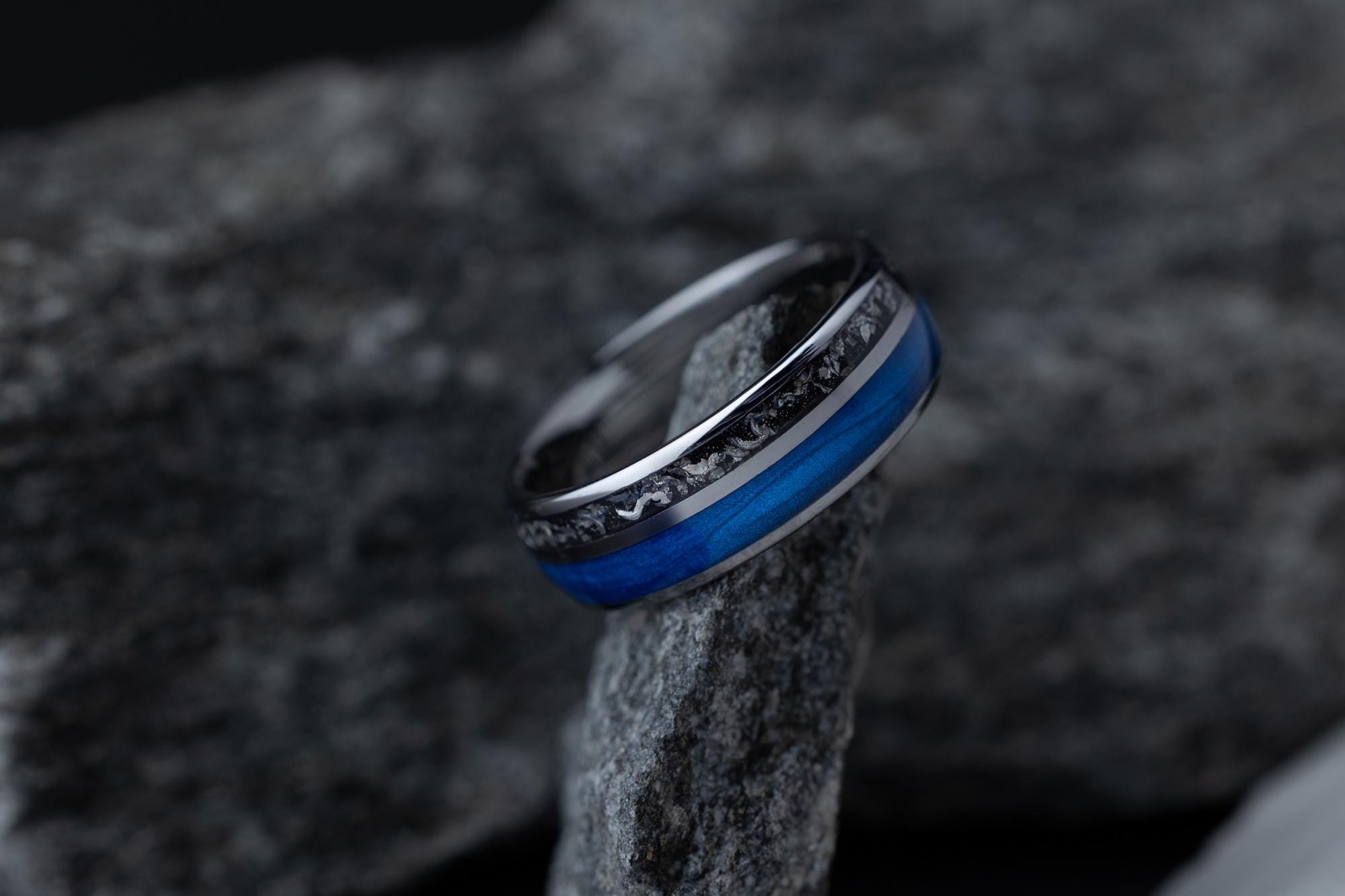 Blue Silver Meteorite Ring, Meteorite Ring, Engagement Ring, Meteorite Tungsten Carbide, Blue Sandstone Band, Wedding Band, Mens Rings, 8mm