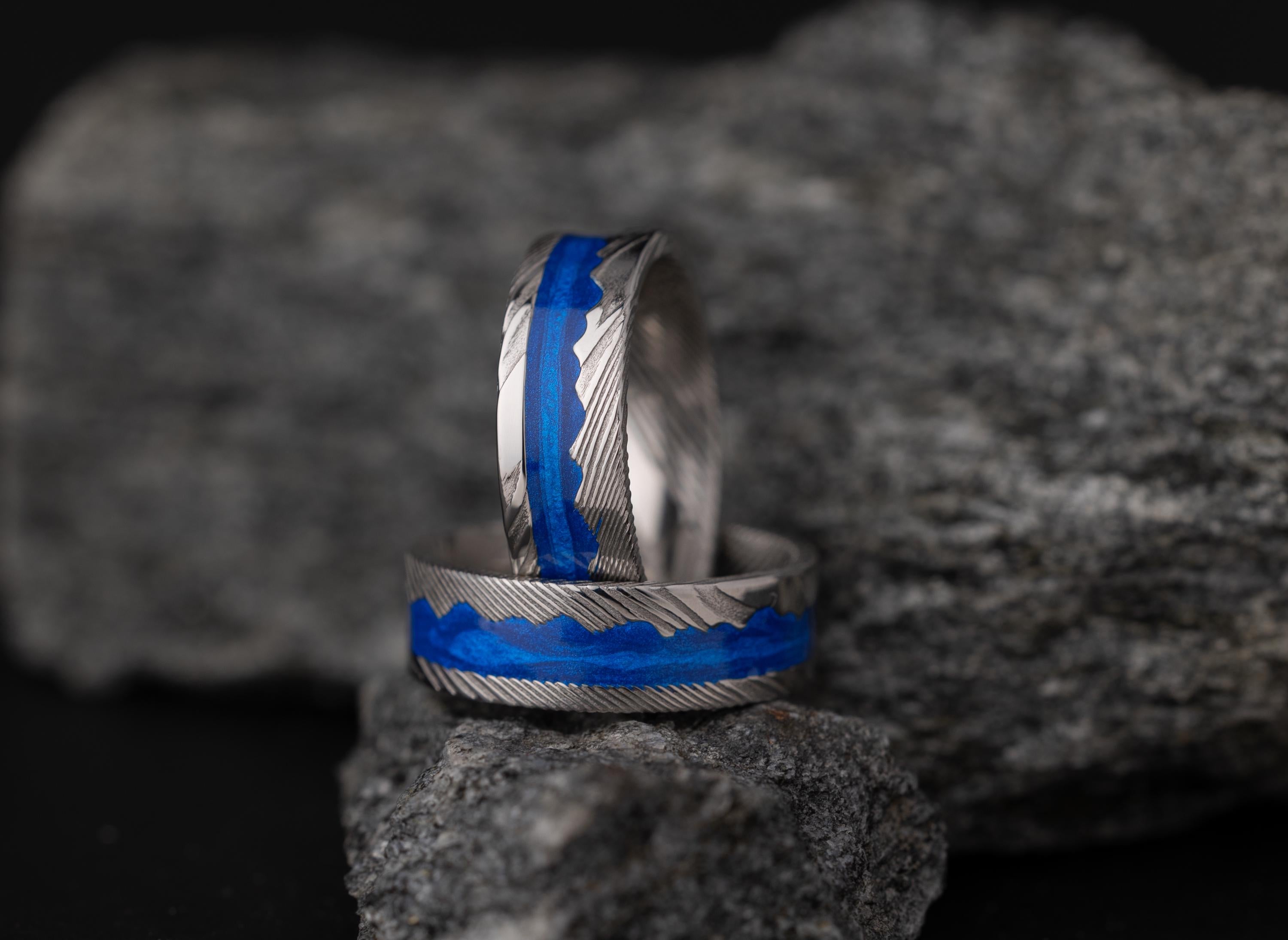 Blue Sandstone Ring, Natural Damascus Steel, Damascus Band, Natural Color Ring, Blue Sandstone Band, Flat Damascus Wedding Ring, 8mm