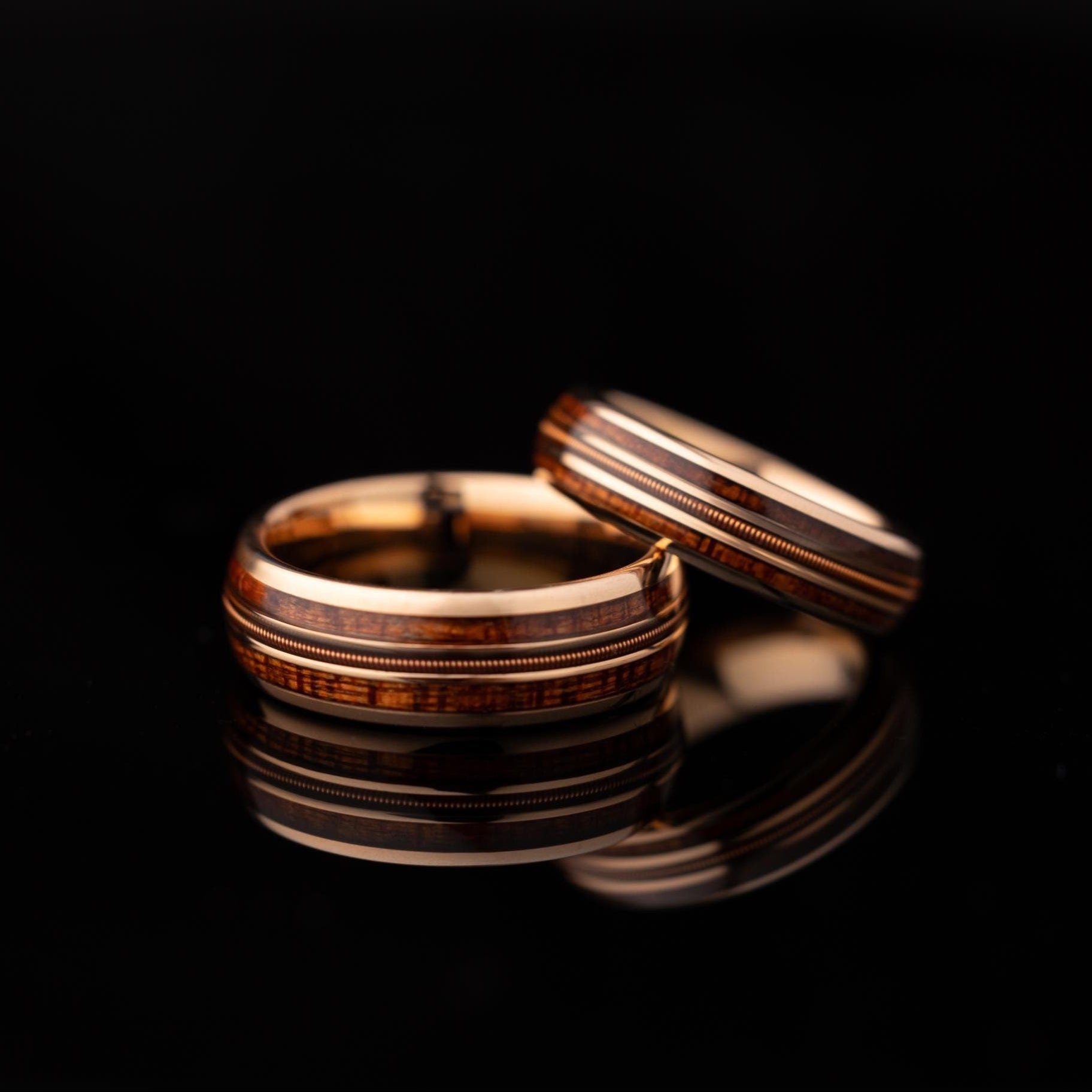 Guitar String & Whiskey Barrel Ring Set, Guitar String Couples Ring Set, Wooden Inlay Band, His and Hers Wedding Rings, Couples Ring Set