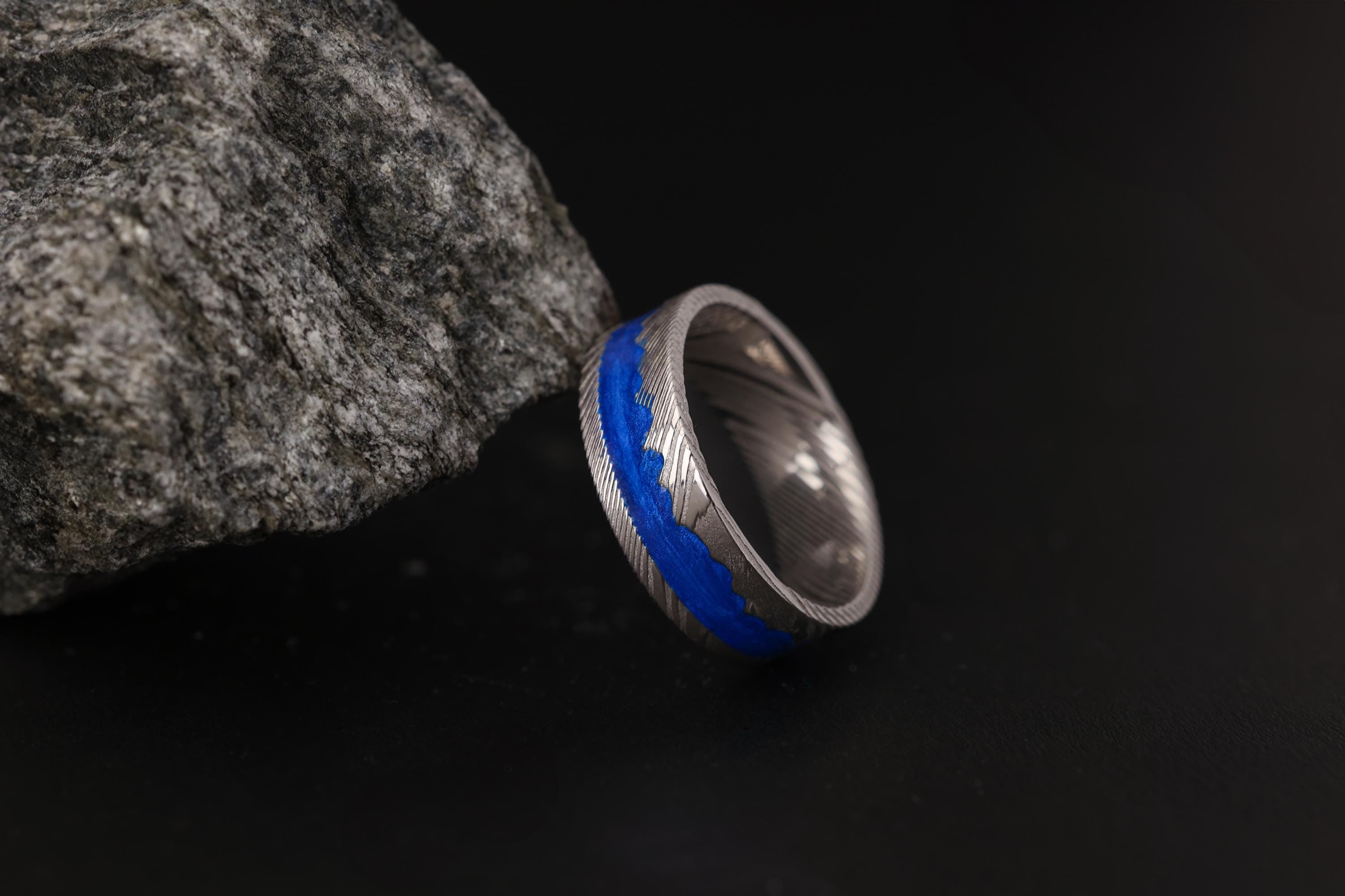 Blue Sandstone Ring, Natural Damascus Steel, Damascus Band, Natural Color Ring, Blue Sandstone Band, Flat Damascus Wedding Ring, 8mm