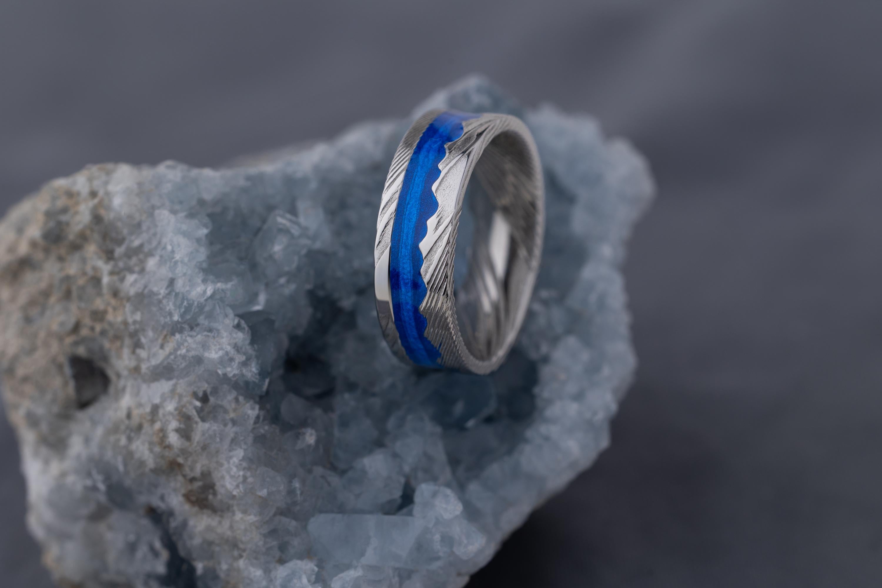 Blue Sandstone Ring, Natural Damascus Steel, Damascus Band, Natural Color Ring, Blue Sandstone Band, Flat Damascus Wedding Ring, 8mm