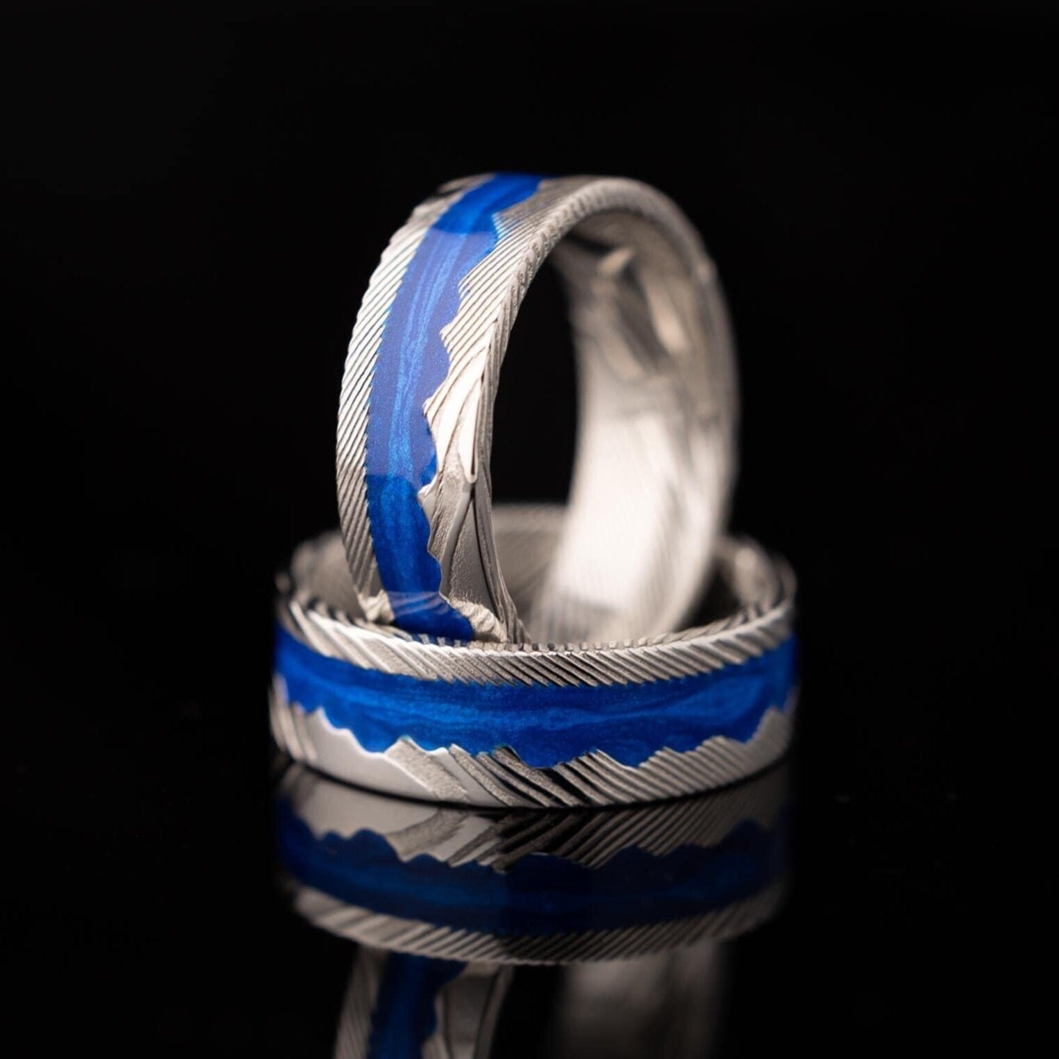 Blue Sandstone Ring, Natural Damascus Steel, Damascus Band, Natural Color Ring, Blue Sandstone Band, Flat Damascus Wedding Ring, 8mm