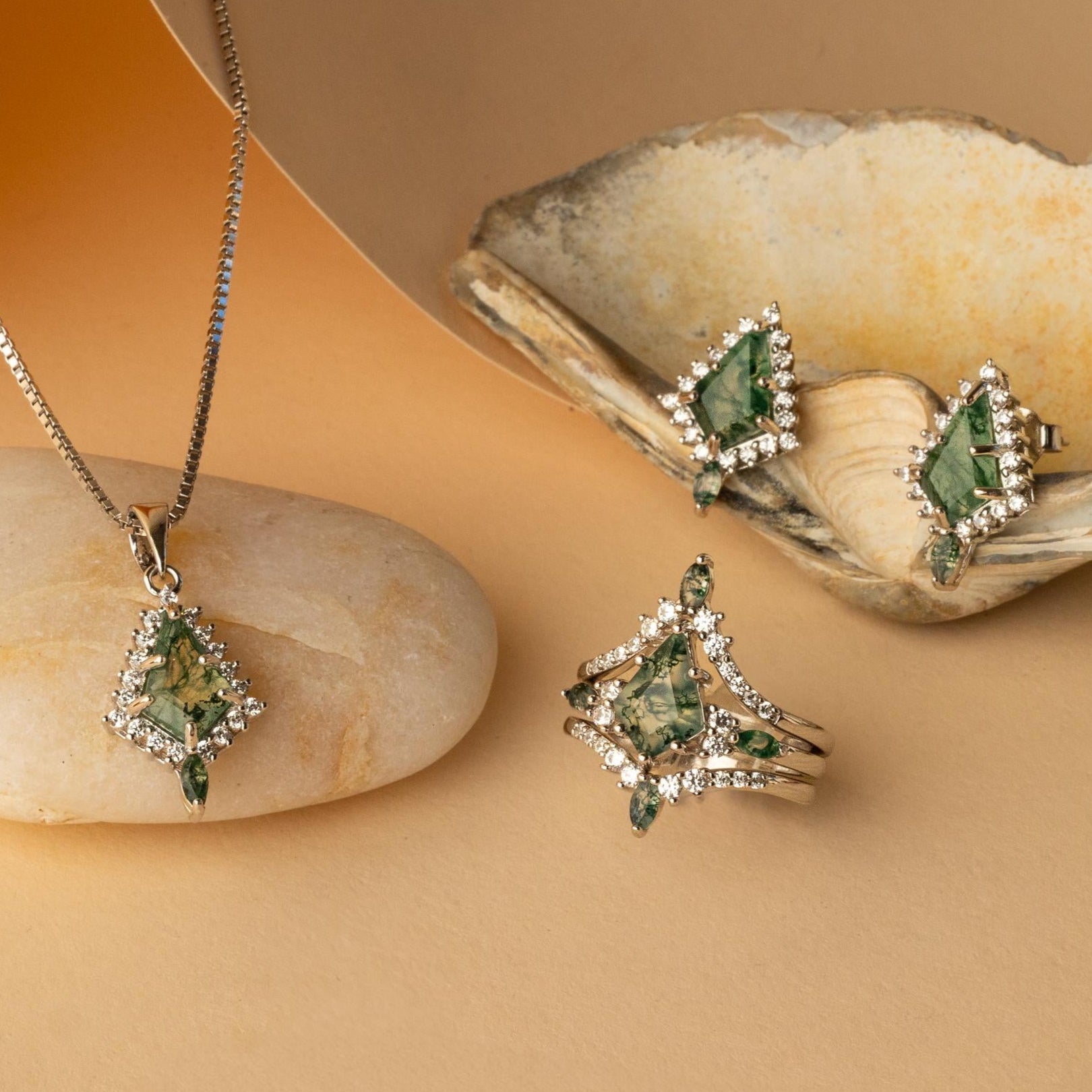 Moss Agate Ring & Necklace and Earring Set, Moss Agate Silver Set, Woman Necklace Earring Ring Set, Moss Agate Earring Ring Necklace Set