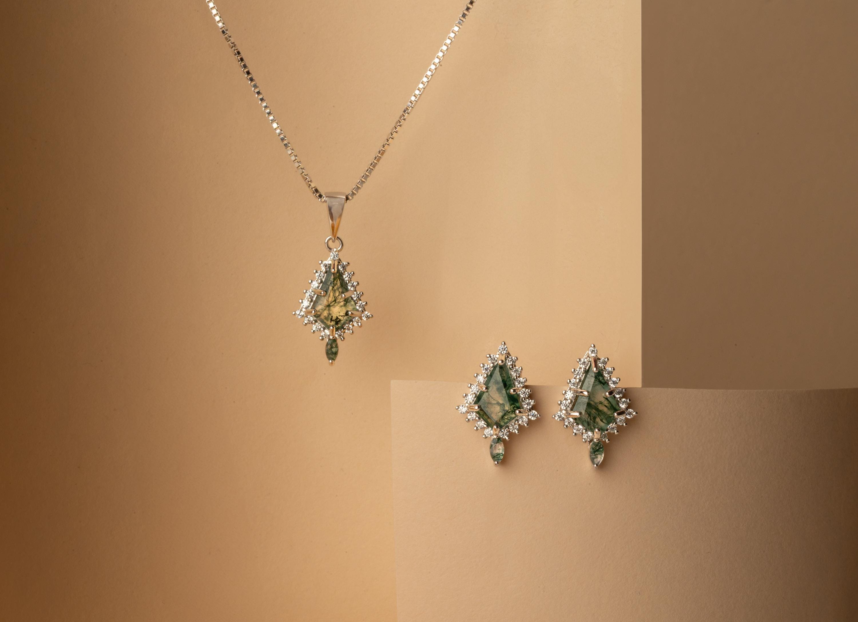 Silver Moss Agate Set, Moss Agate Earrings & Necklace Set, Woman Necklace and Earring Set, Moss Agate Earring and Necklace Set, Matching Set