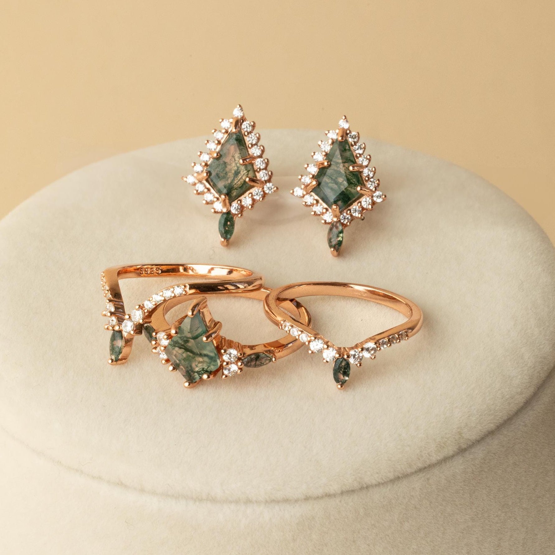 Rose Gold Moss Agate Ring & Earring Set, Moss Agate Rose Gold Matching Set, Earring and Ring Set, Rose Gold Earring and Moss Agate Ring Set