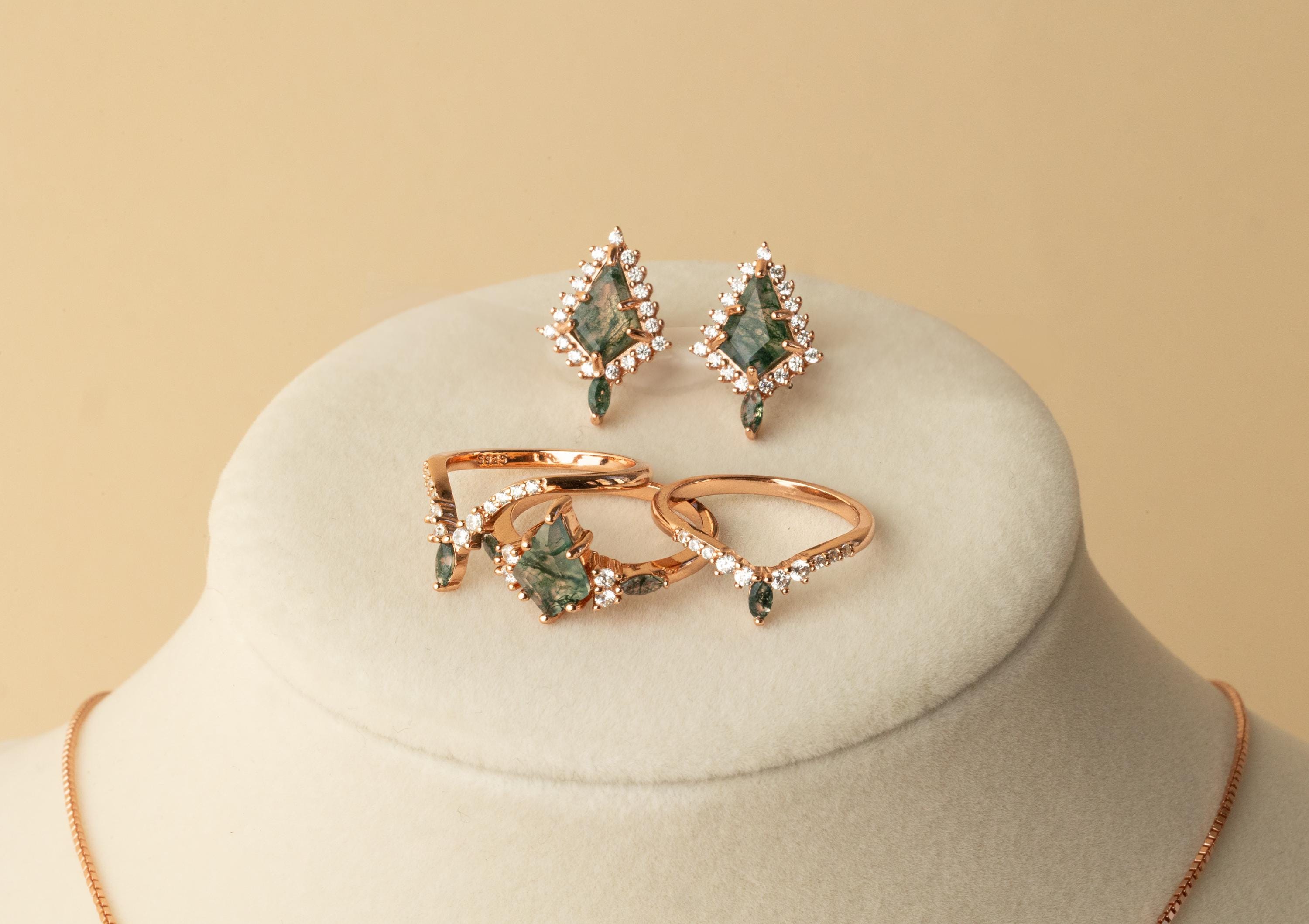 Rose Gold Moss Agate Ring & Earring Set, Moss Agate Rose Gold Matching Set, Earring and Ring Set, Rose Gold Earring and Moss Agate Ring Set