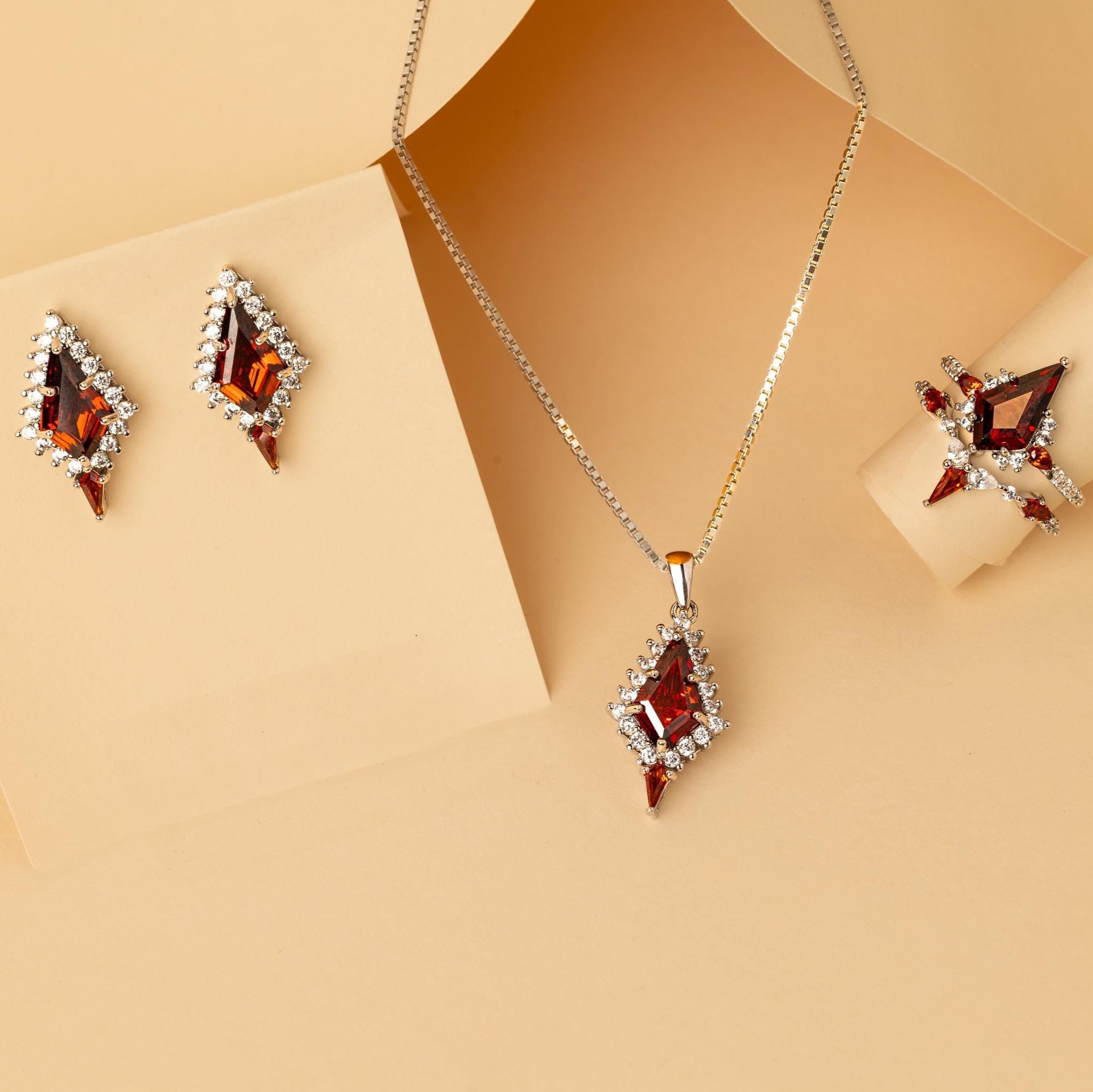 Garnet Ring & Necklace and Earring Set, Garnet Silver Set, Woman Necklace Earring Ring Set, Garnet Earring Ring Necklace Set, Garnet Set
