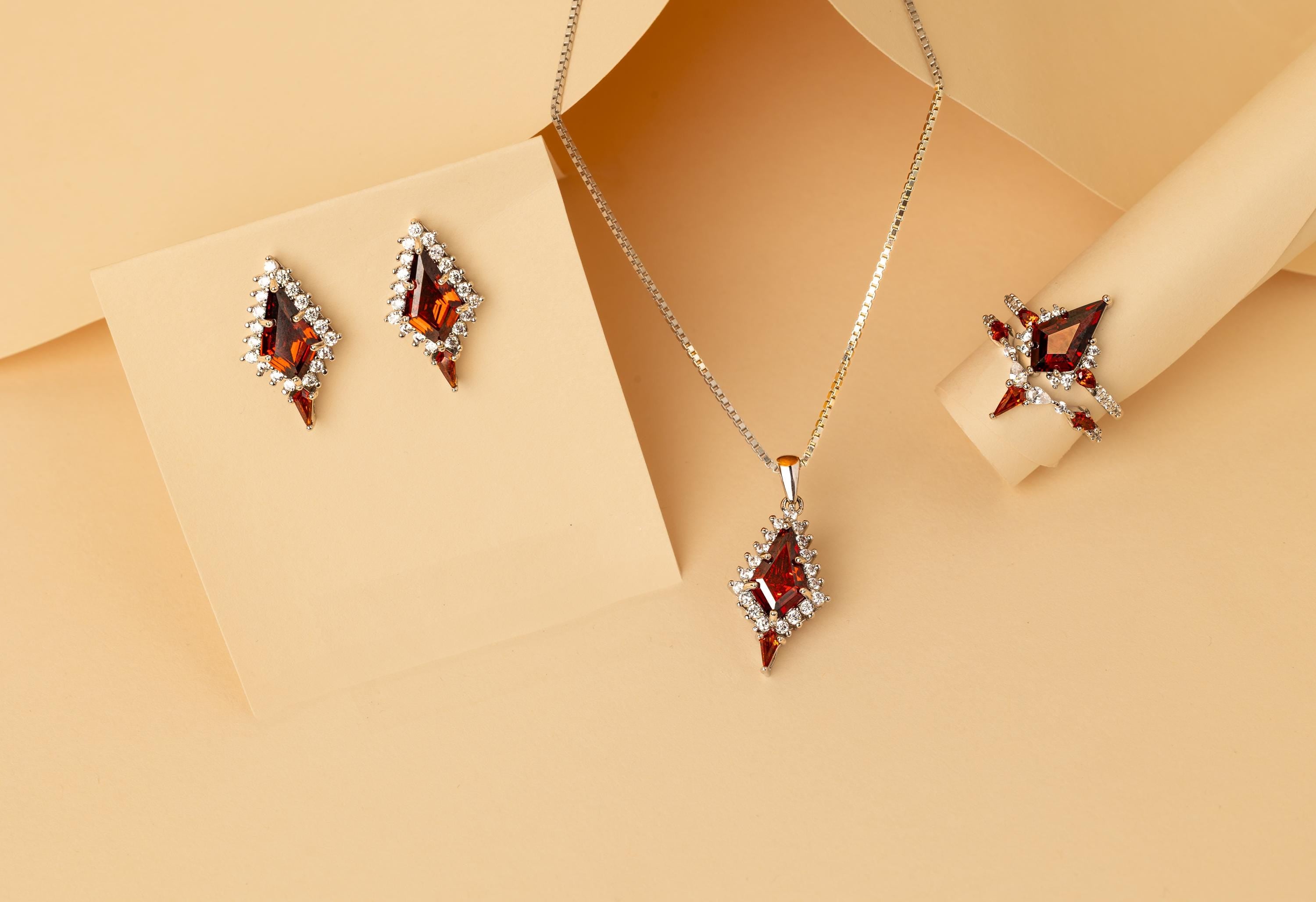 Garnet Ring & Necklace and Earring Set, Garnet Silver Set, Woman Necklace Earring Ring Set, Garnet Earring Ring Necklace Set, Garnet Set