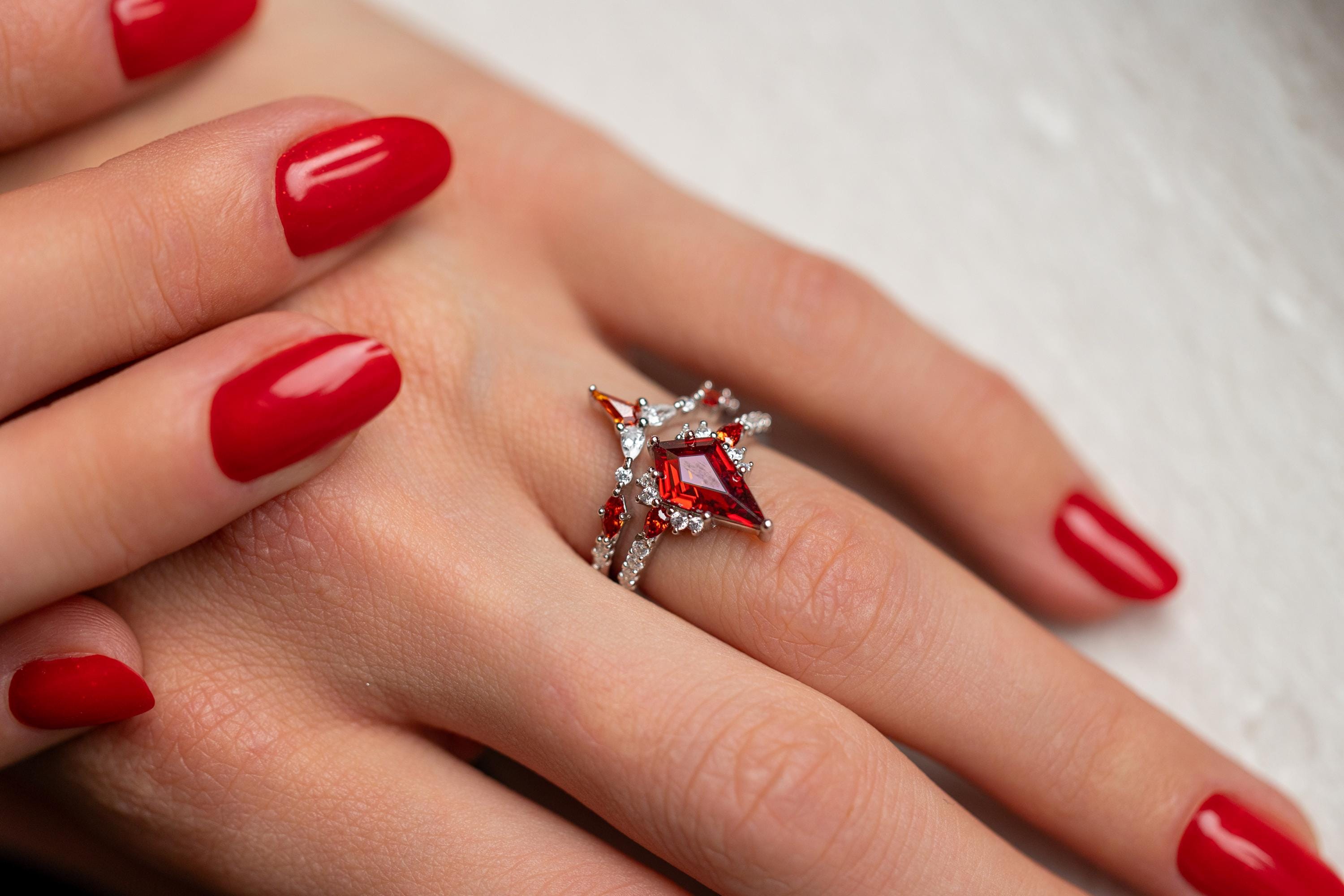 Garnet Ring, Silver Garnet Ring, Red Ring Set for Her, Sterling Silver Ring, Unique Engagement Ring, Garnet Wedding Set, Garnet Ring Set