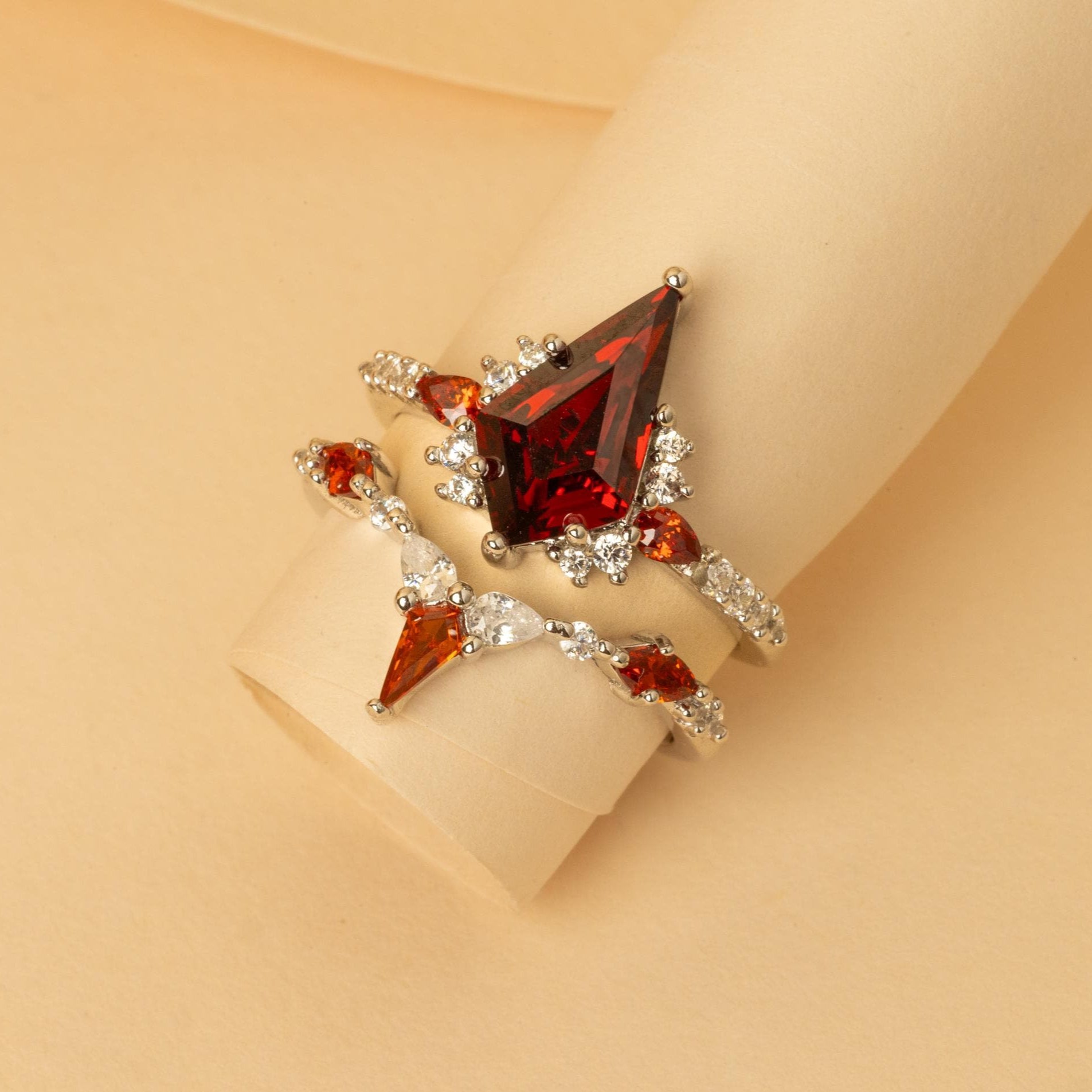 Garnet Ring, Silver Garnet Ring, Red Ring Set for Her, Sterling Silver Ring, Unique Engagement Ring, Garnet Wedding Set, Garnet Ring Set