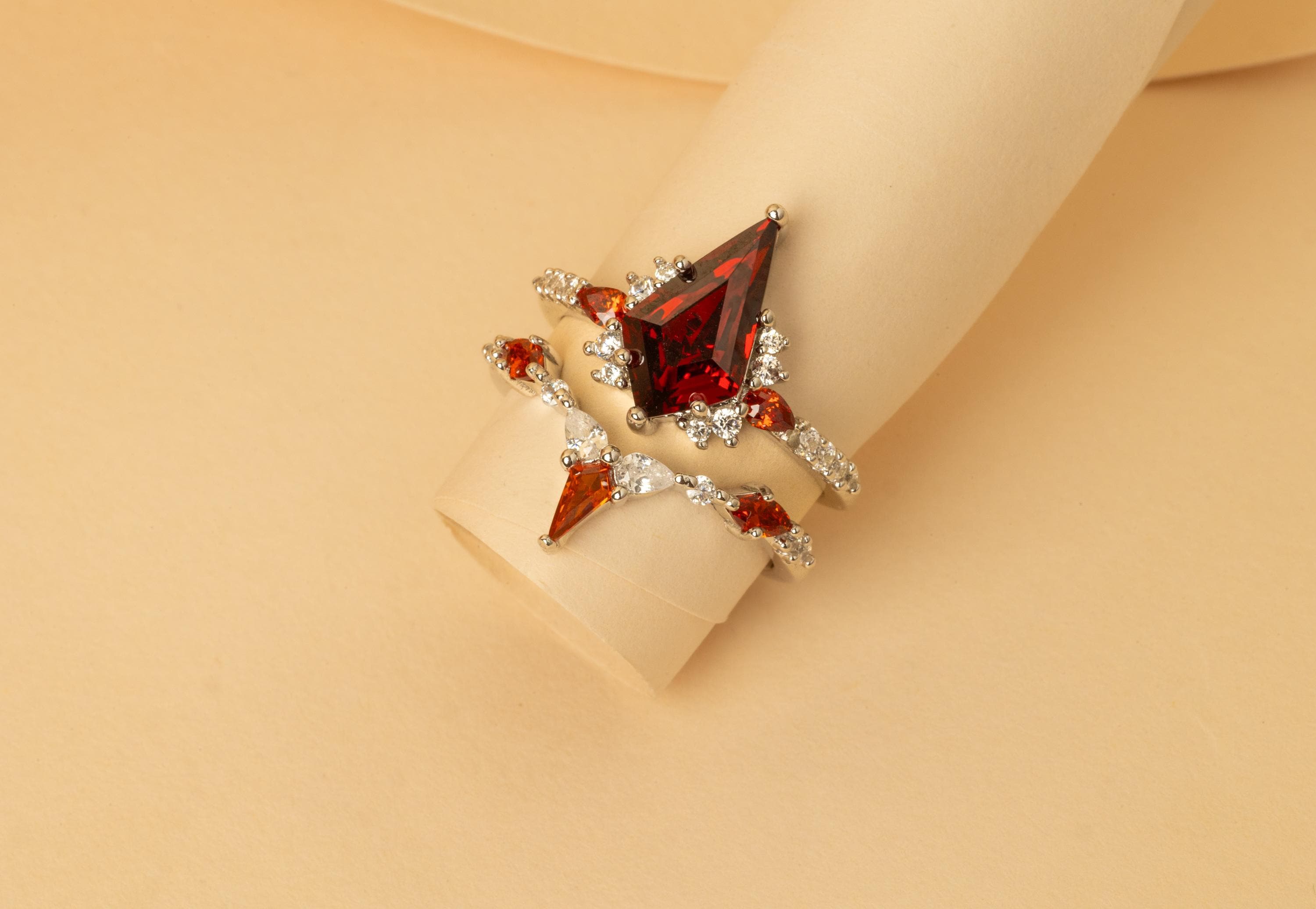 Garnet Ring, Silver Garnet Ring, Red Ring Set for Her, Sterling Silver Ring, Unique Engagement Ring, Garnet Wedding Set, Garnet Ring Set