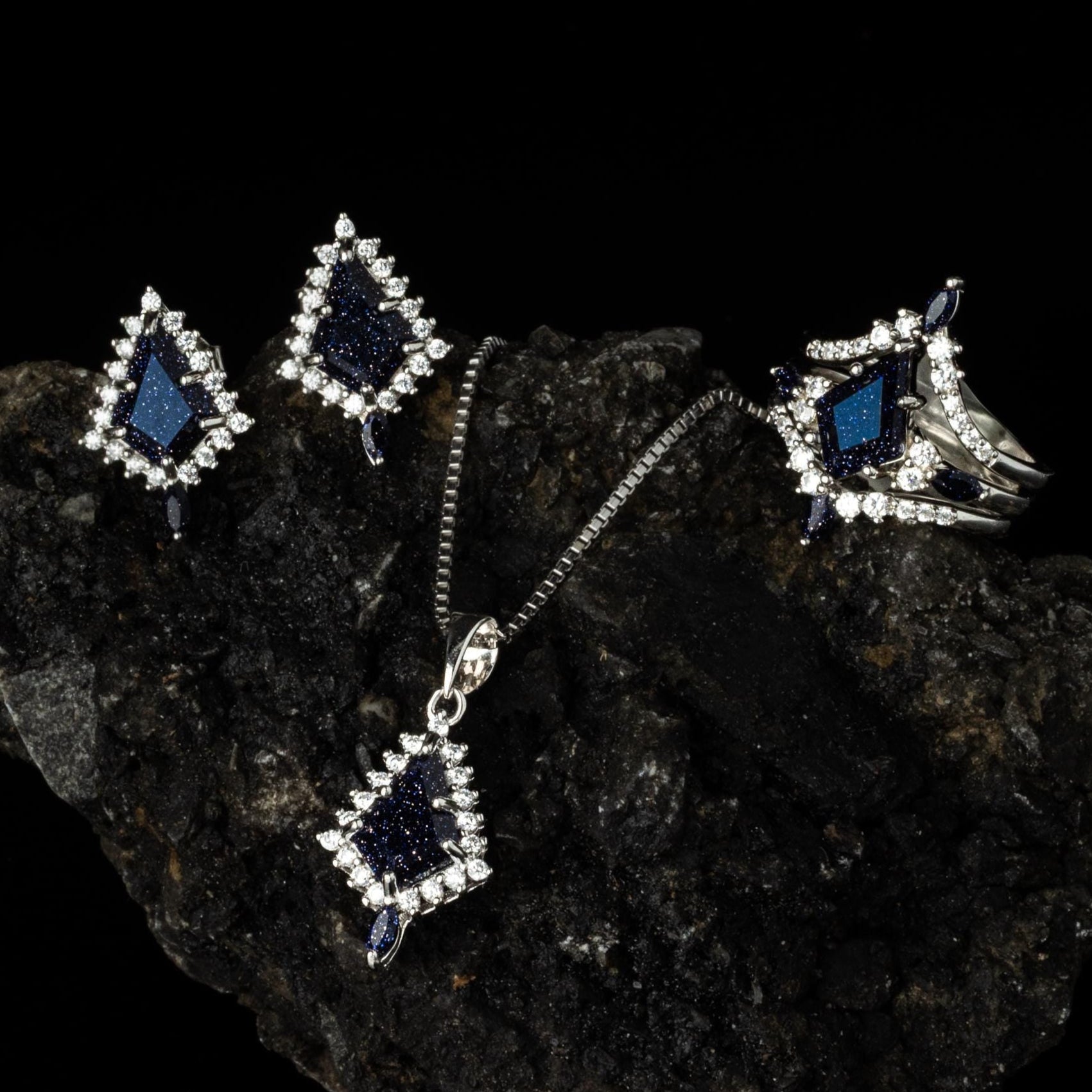 Blue Sandstone Galaxy Ring & Necklace and Earrings, Blue Galaxy Sandstone Ring, Space Necklace Nebula Earrings, Sterling Silver Matching Set