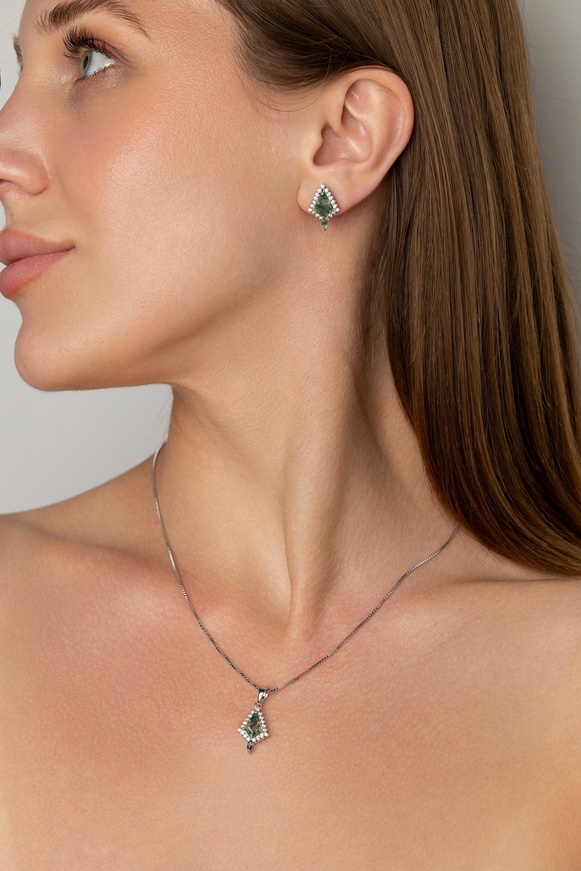 Silver Moss Agate Set, Moss Agate Earrings & Necklace Set, Woman Necklace and Earring Set, Moss Agate Earring and Necklace Set, Matching Set